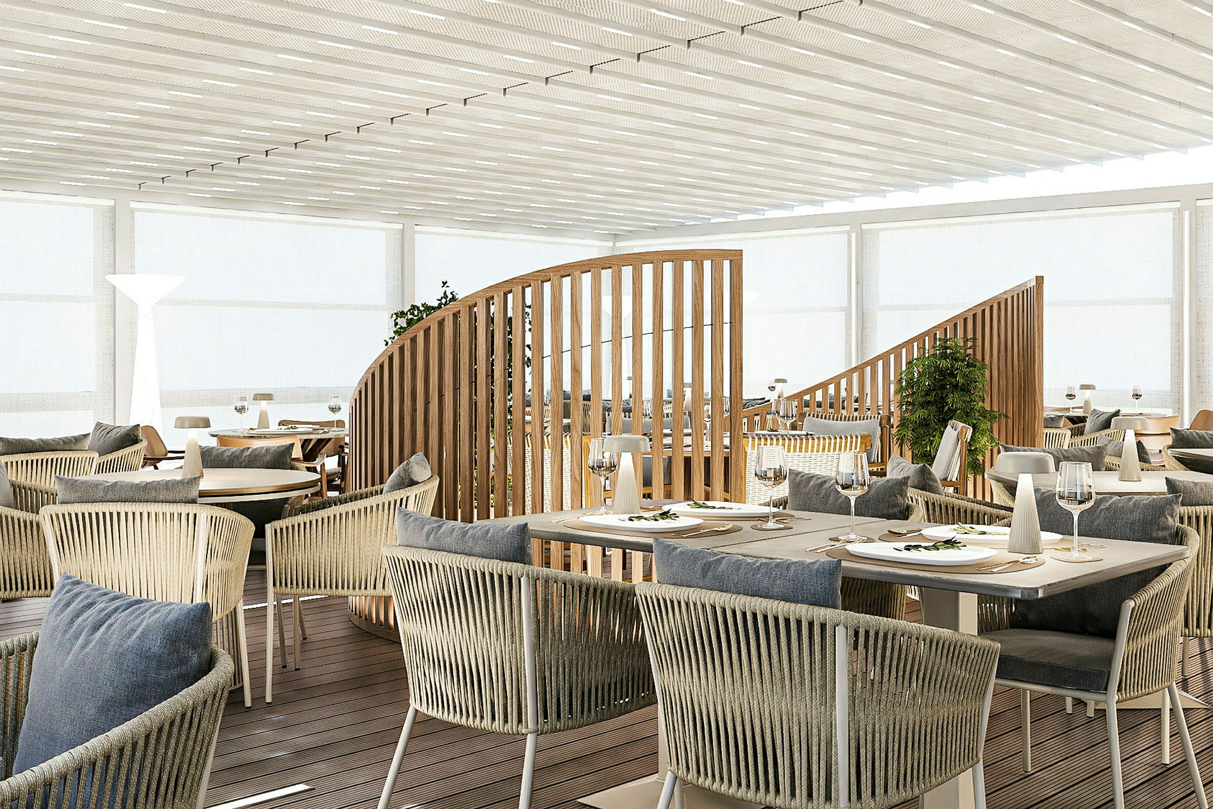 En moderne restaurant med træ- og rottingmøbler og dækkede borde. (AI-genereret tekst)