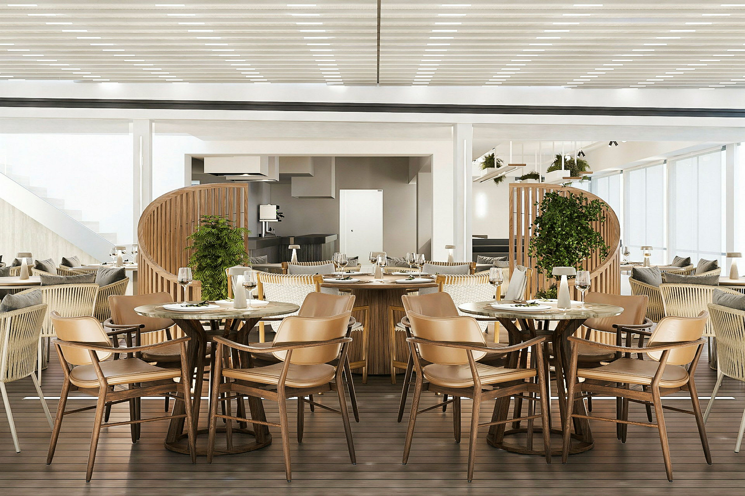 Restaurant med borde og stole i moderne materialer. (AI-genereret tekst)