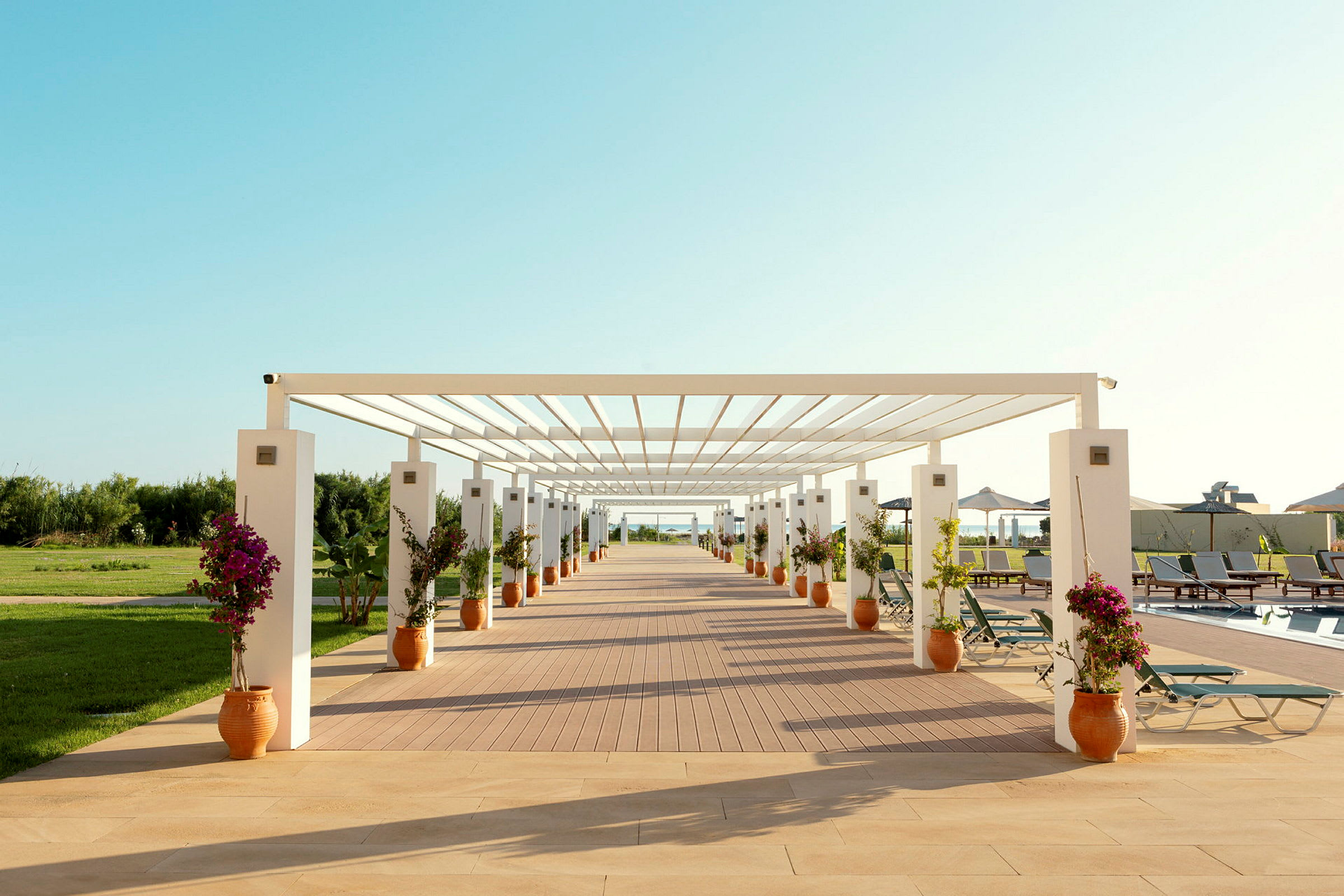 Åben træpergola omgivet af blomsterpotter og liggestole ved en pool. (AI-genereret tekst)