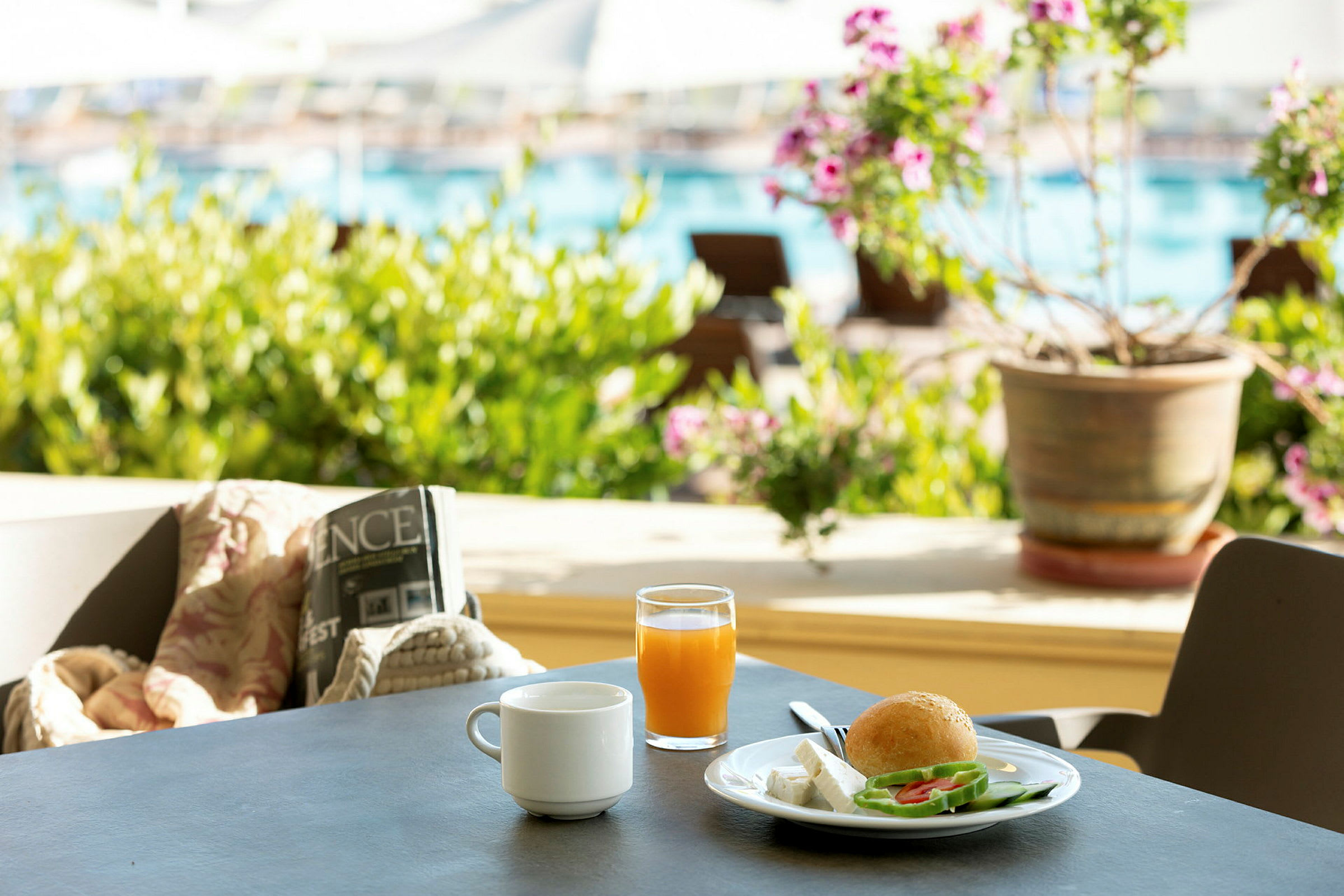 Morgenbord med kaffe, juice og tallerken med ost, grøntsager og brød, samt baggrund med grønne områder og en pool. (AI-genereret tekst)