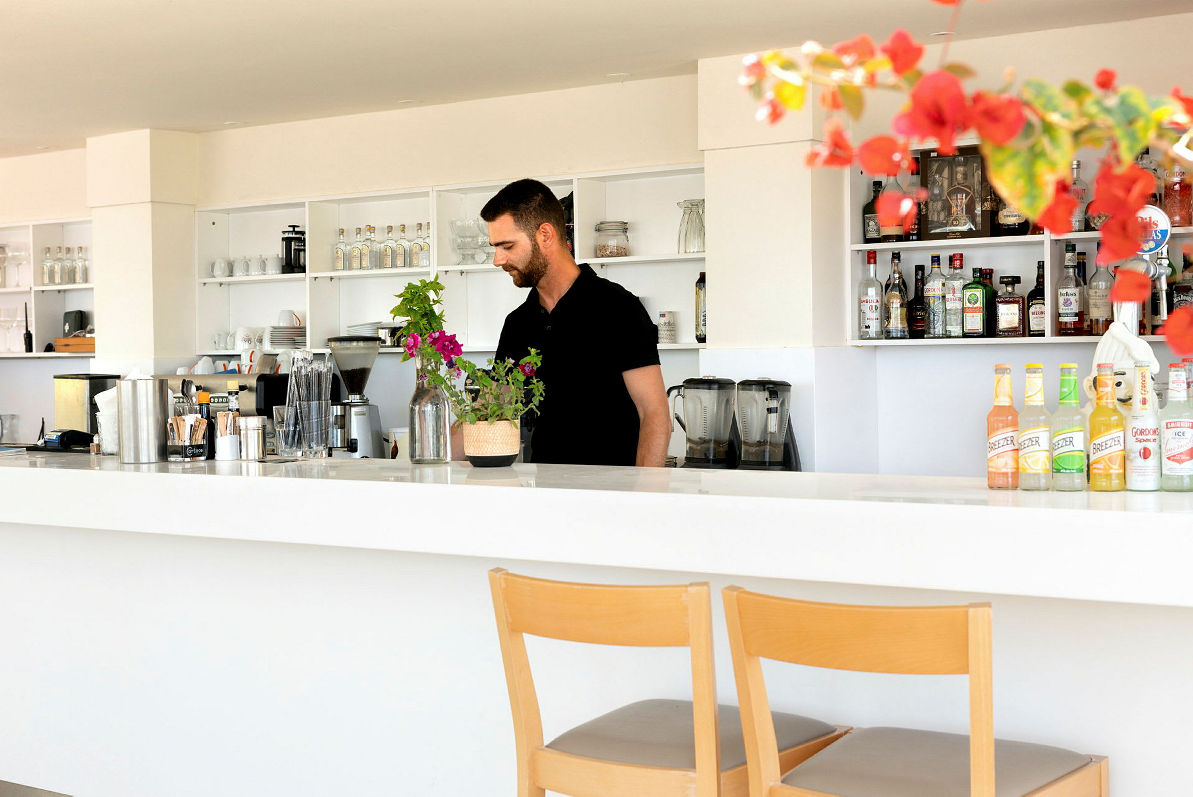 En moderne bar med hylder fyldt med flasker og krus samt en hvid bardisk med blomsterdekoration. (AI-genereret tekst)