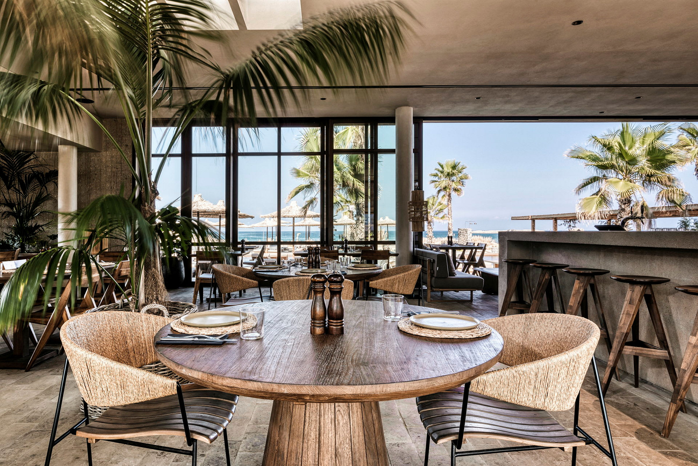 Restaurant med træborde og stole, omgivet af palmer og havet i baggrunden. (AI-genereret tekst)