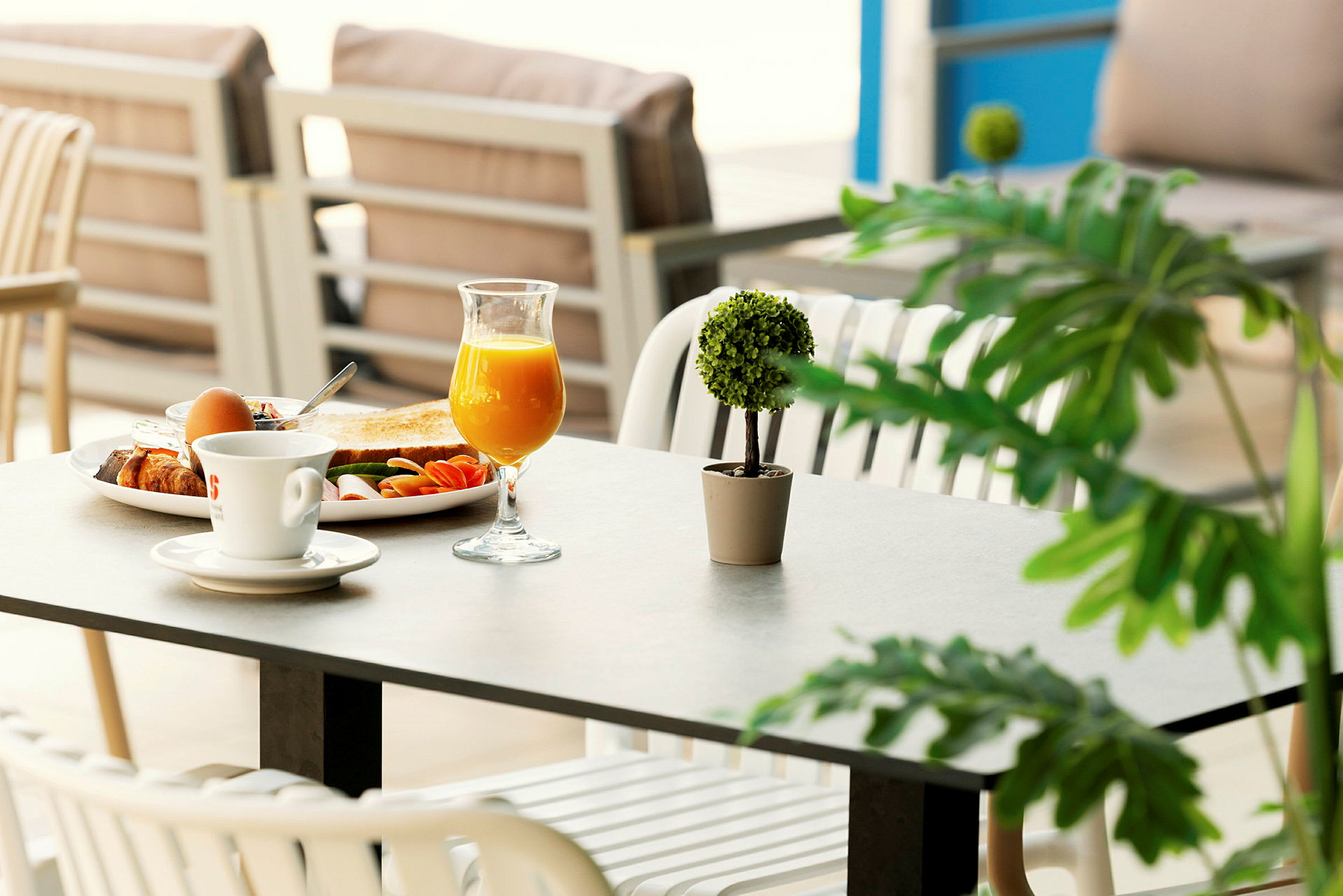 Et dækket bord med morgenmad, der inkluderer et glas appelsinjuice, en kaffe, en tallerken med brød og tilbehør, samt en lille dekorativ grøn plante. (AI-genereret tekst)