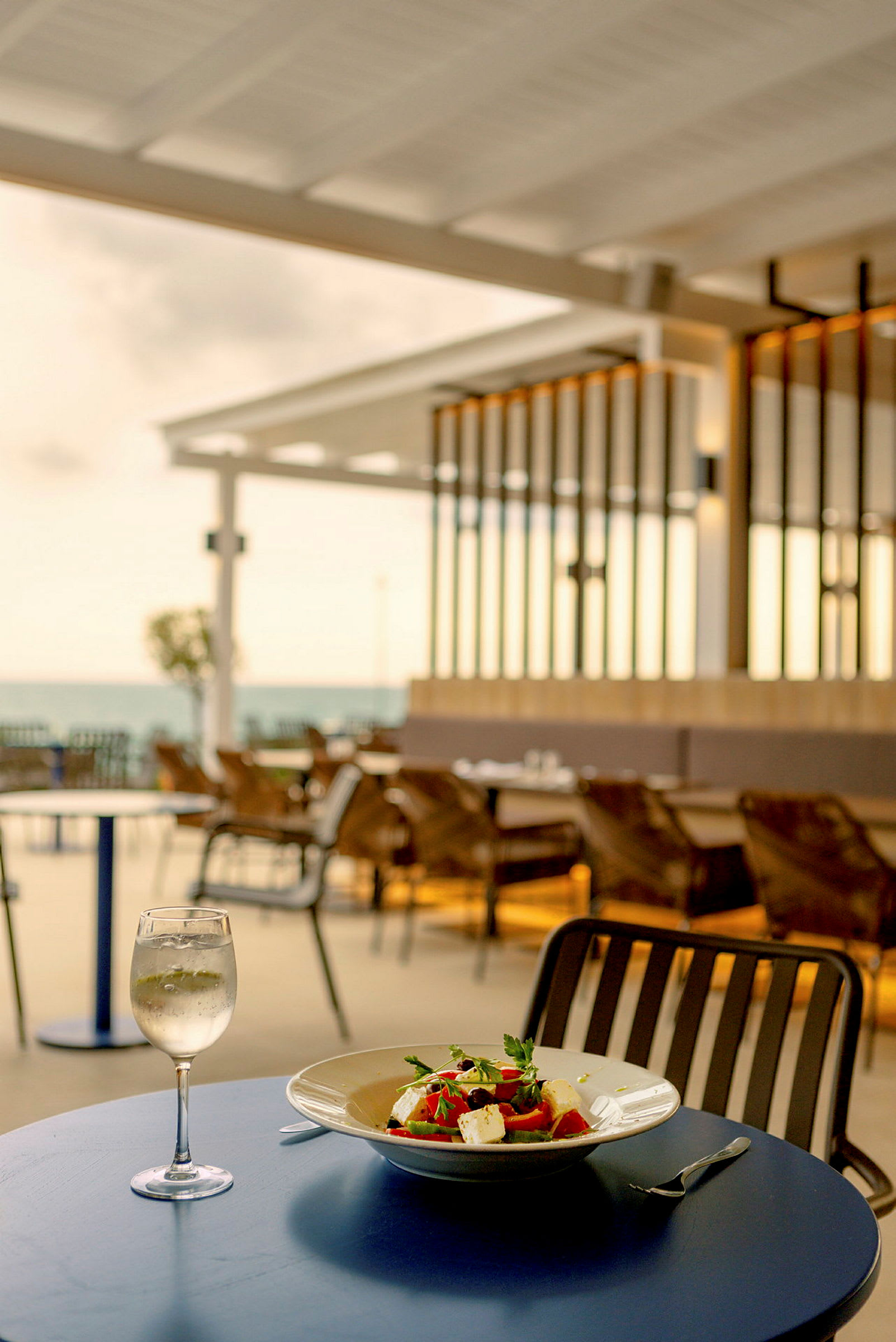 Udendørs serveringsområde ved havet med en tallerken salat og et glas hvidvin på et bord. (AI-genereret tekst)