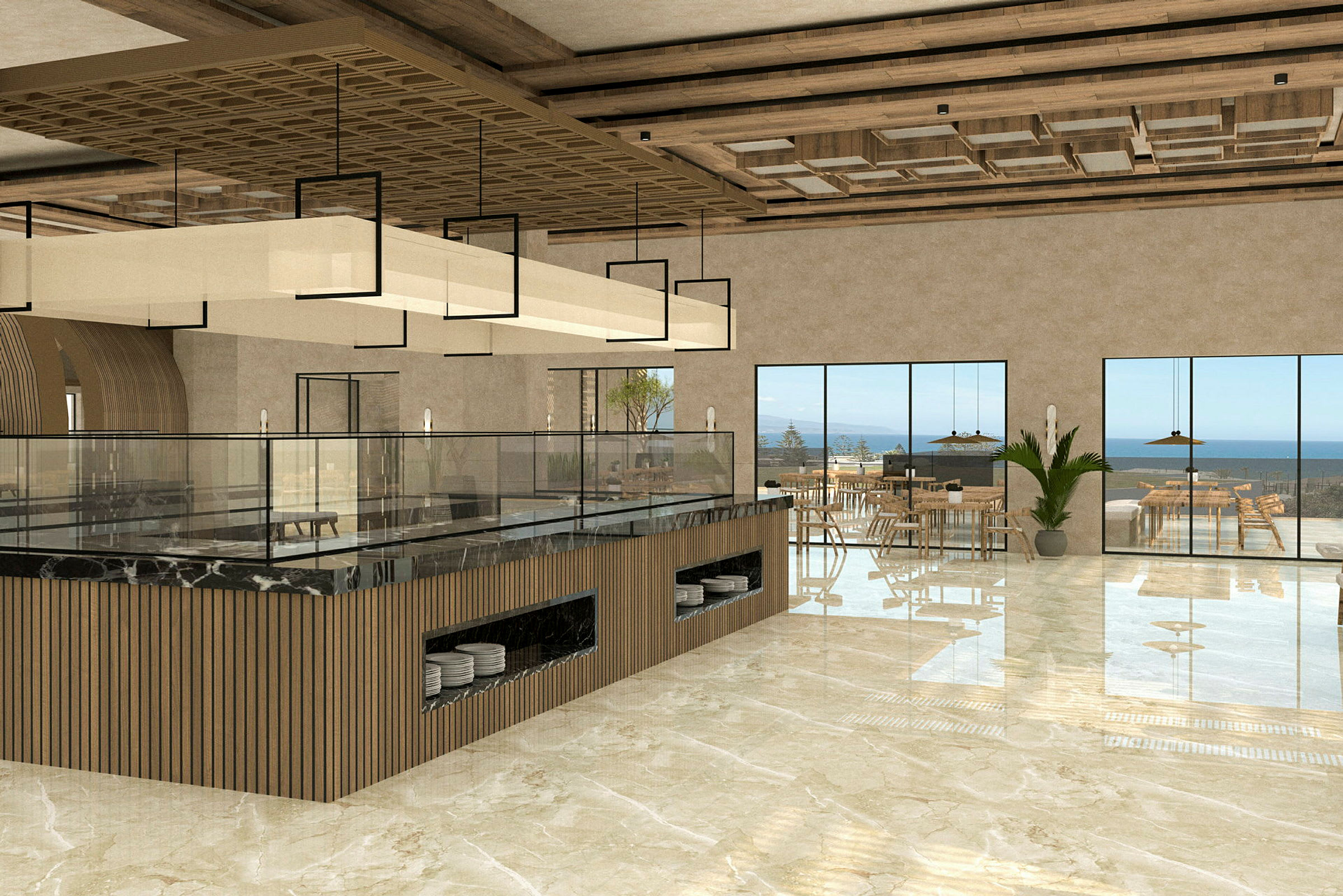 Interiør af en restaurant med moderne design, store glasvinduer med udsigt over havet og stilfuldt interiør. (AI-genereret tekst)