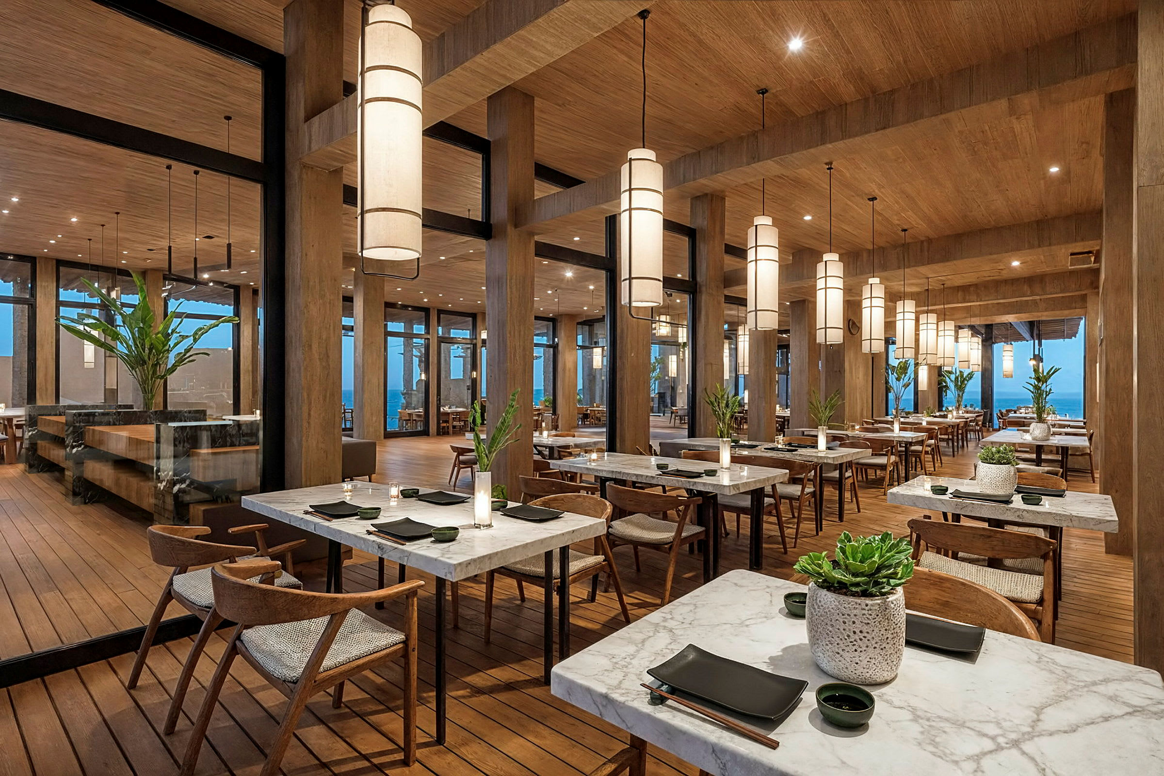 En restaurant med borde og stole, dekoreret med planter og elegante lamper. (AI-genereret tekst)