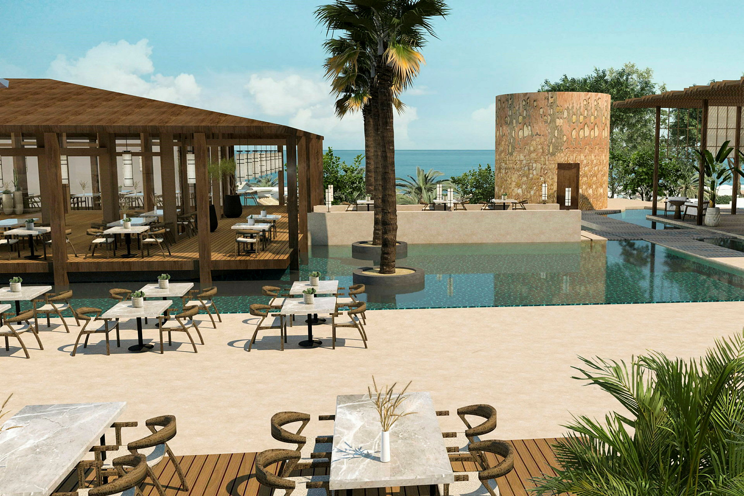 En udendørs restaurant ved en pool med havet i baggrunden. (AI-genereret tekst)