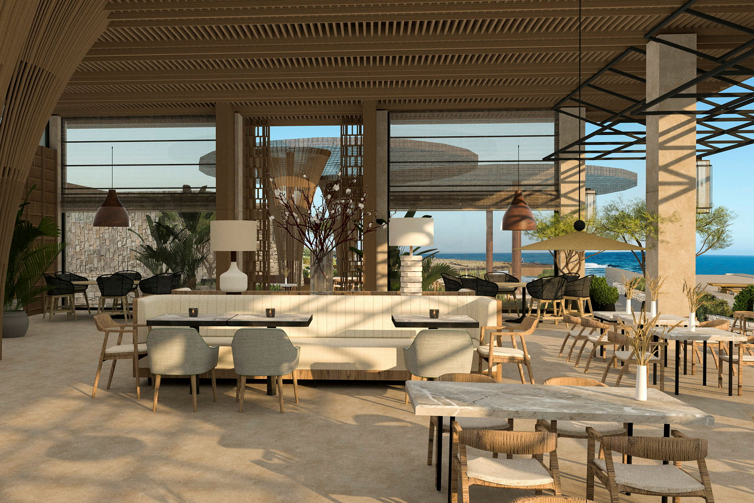 En moderne og luftigt indrettet restaurant med store vinduer, der viser udsigt over havet. (AI-genereret tekst)