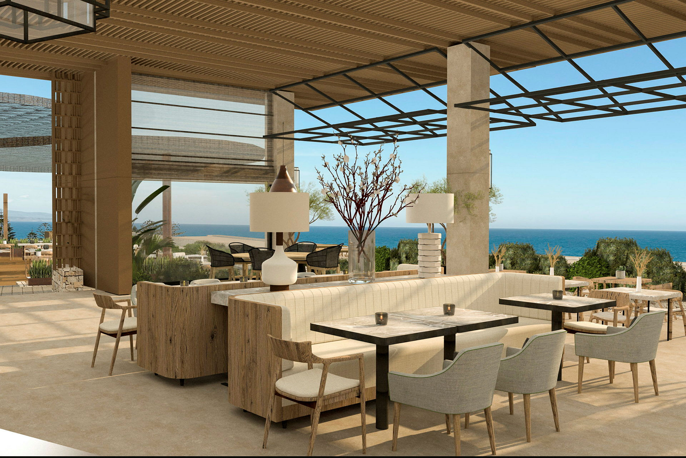 En åben restaurant med moderne indretning og møbler samt udsigt over havet. (AI-genereret tekst)