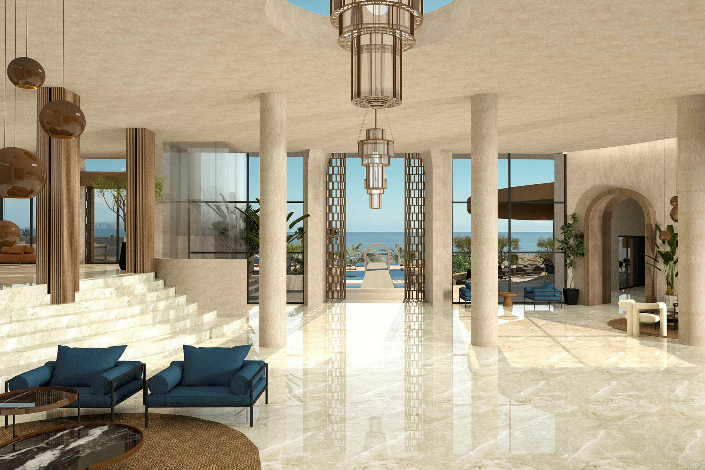 En elegant hotellobby med marmorgulv, komfortable siddepladser og havudsigt gennem store vinduer. (AI-genereret tekst)