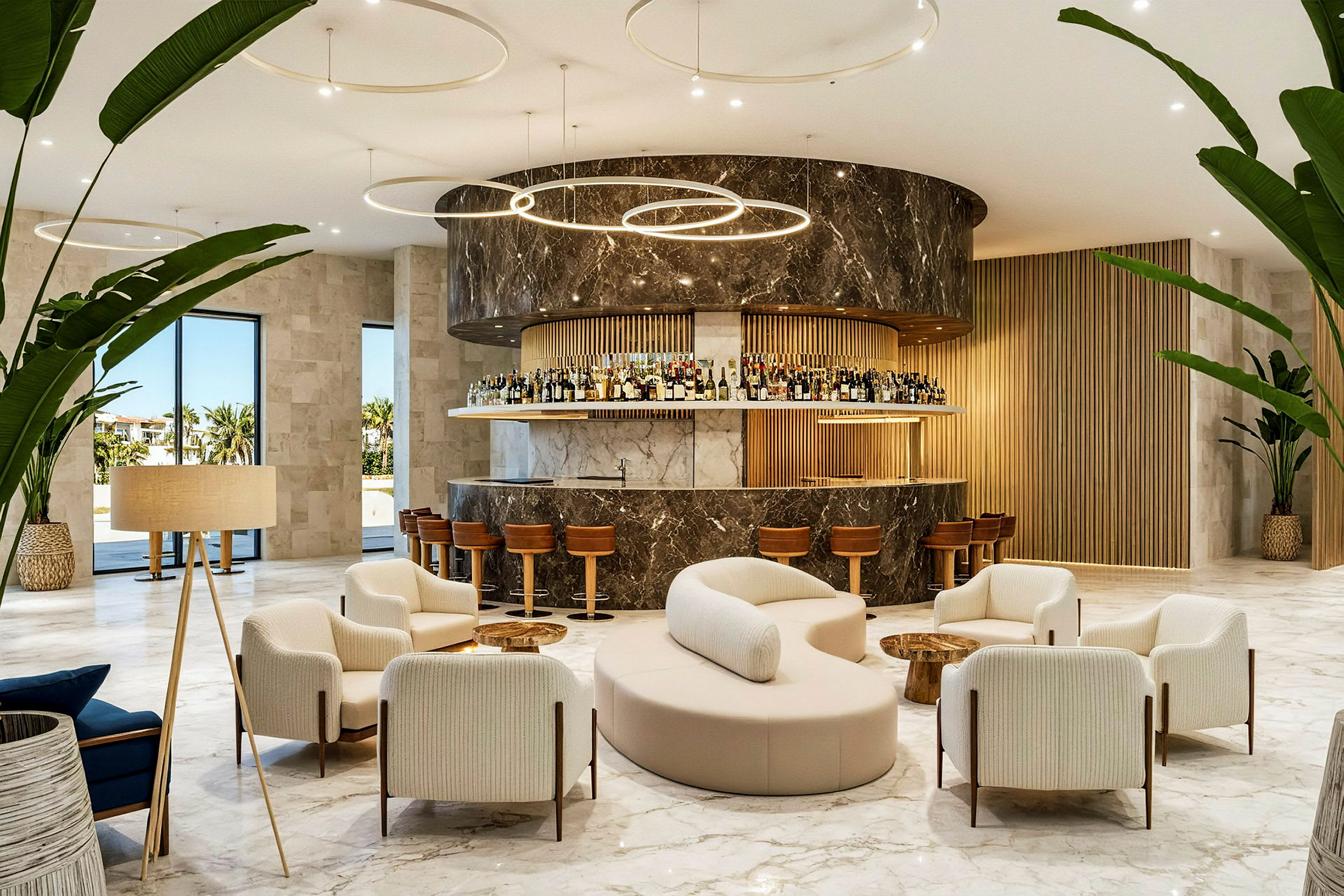 Et elegant hotelloungeområde med moderne møbler og en velassorteret bar. (AI-genereret tekst)