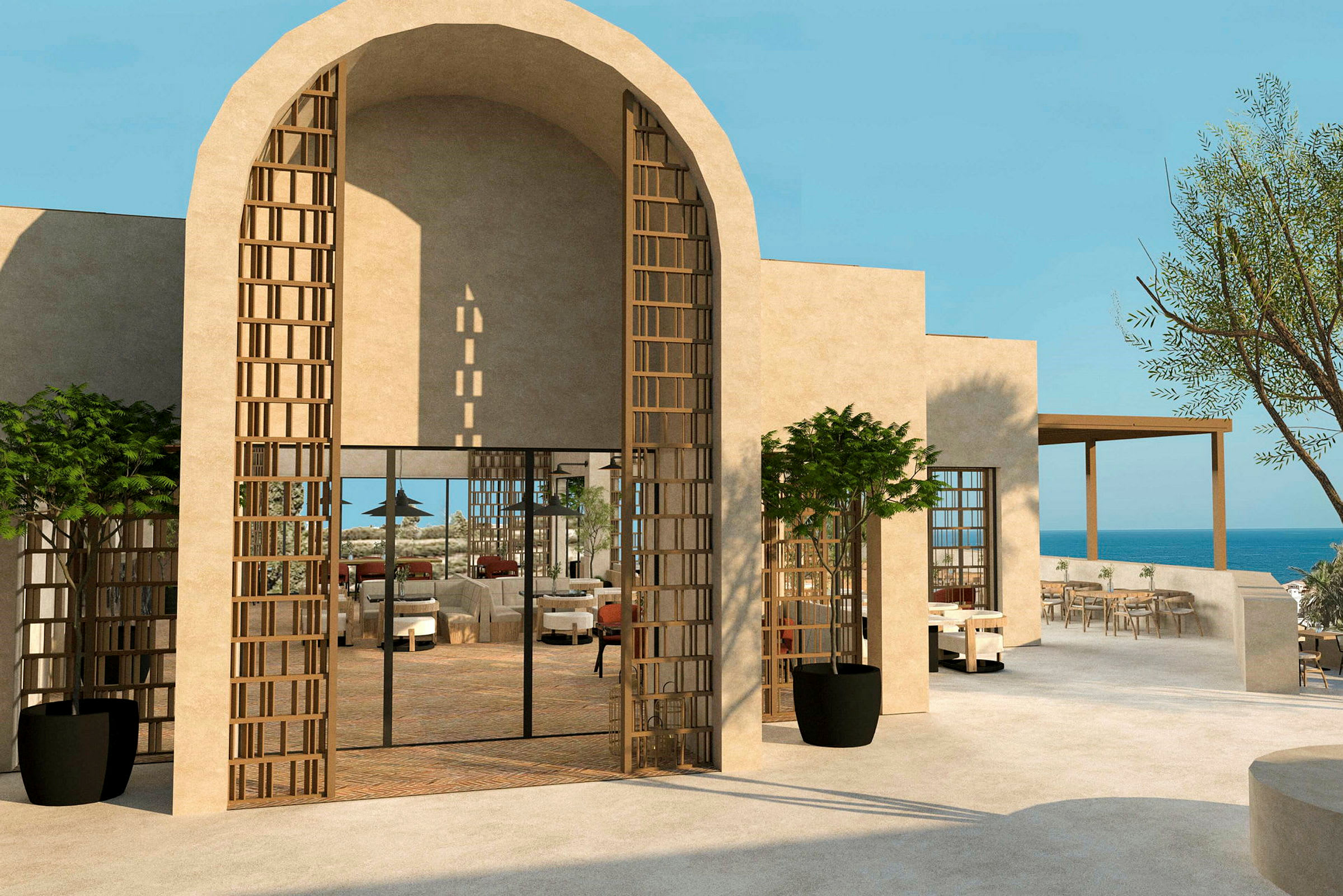 En bygning med moderne arkitektoniske træk, med en skyggefuld terrasse og udsigt over havet. (AI-genereret tekst)