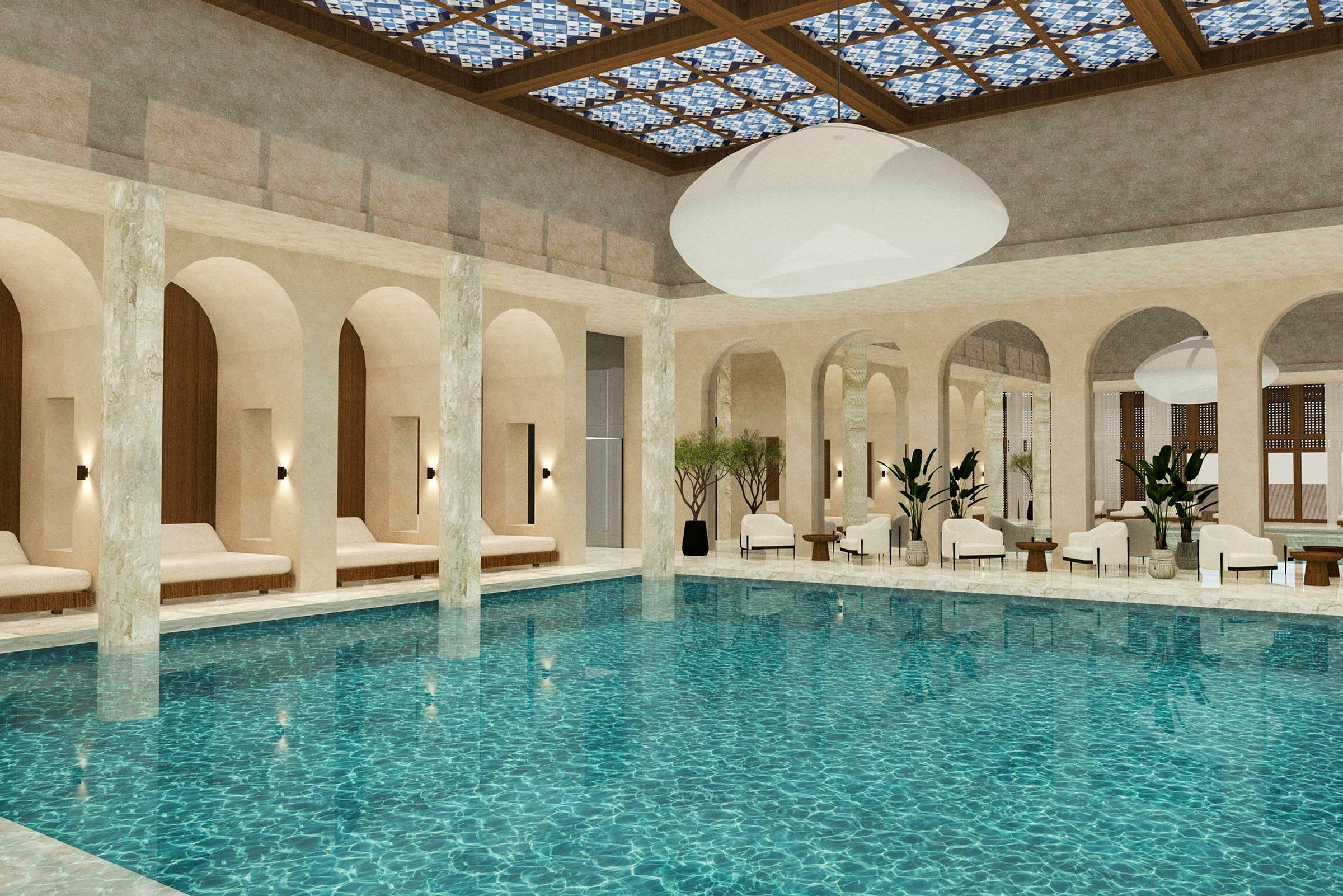 Et elegant indendørs poolområde med buer, søjler, liggestole og et dekorativt loftdesign. (AI-genereret tekst)