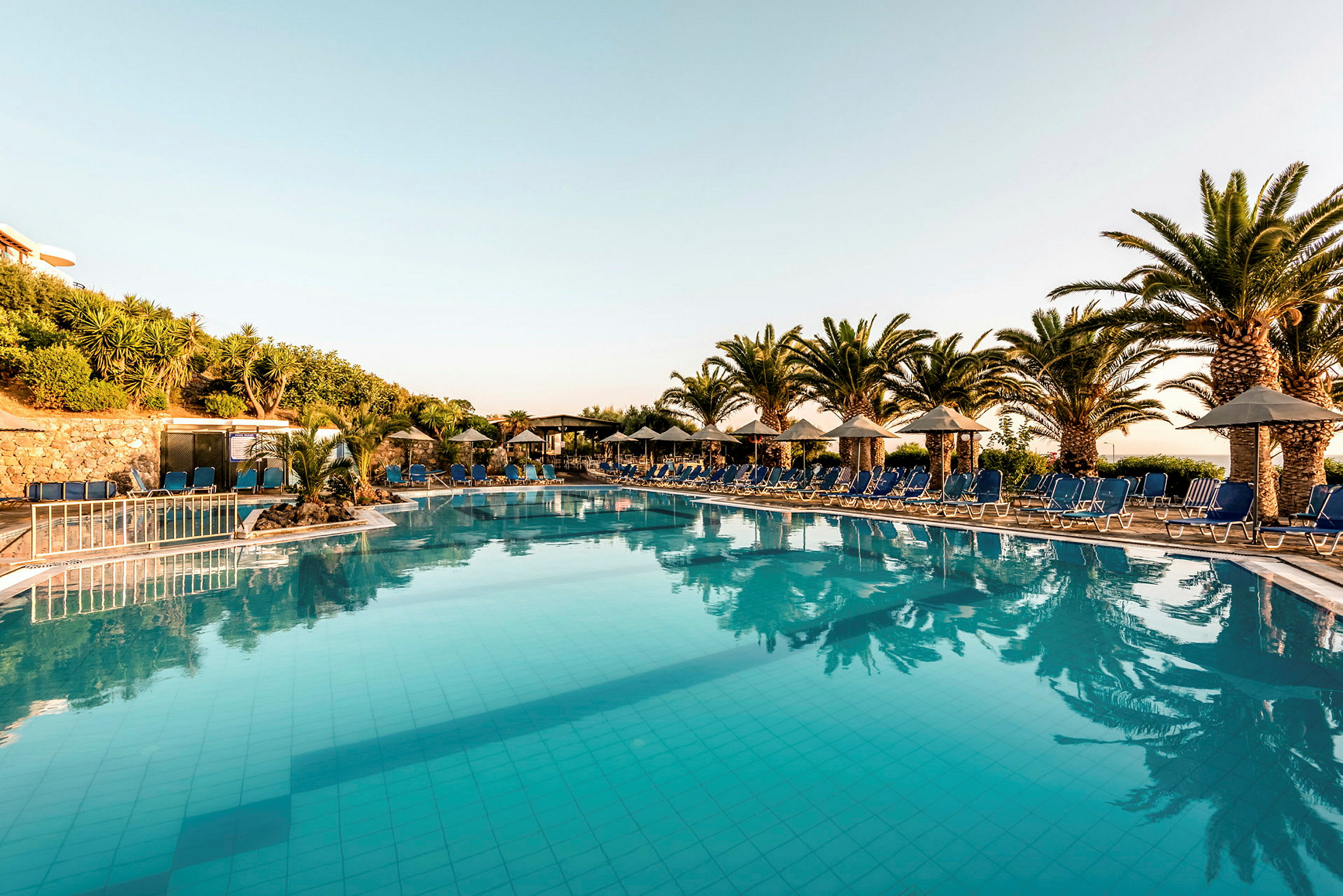 En udendørs swimmingpool omgivet af solsenge og parasoller, med palmer og vegetation i baggrunden. (AI-genereret tekst)