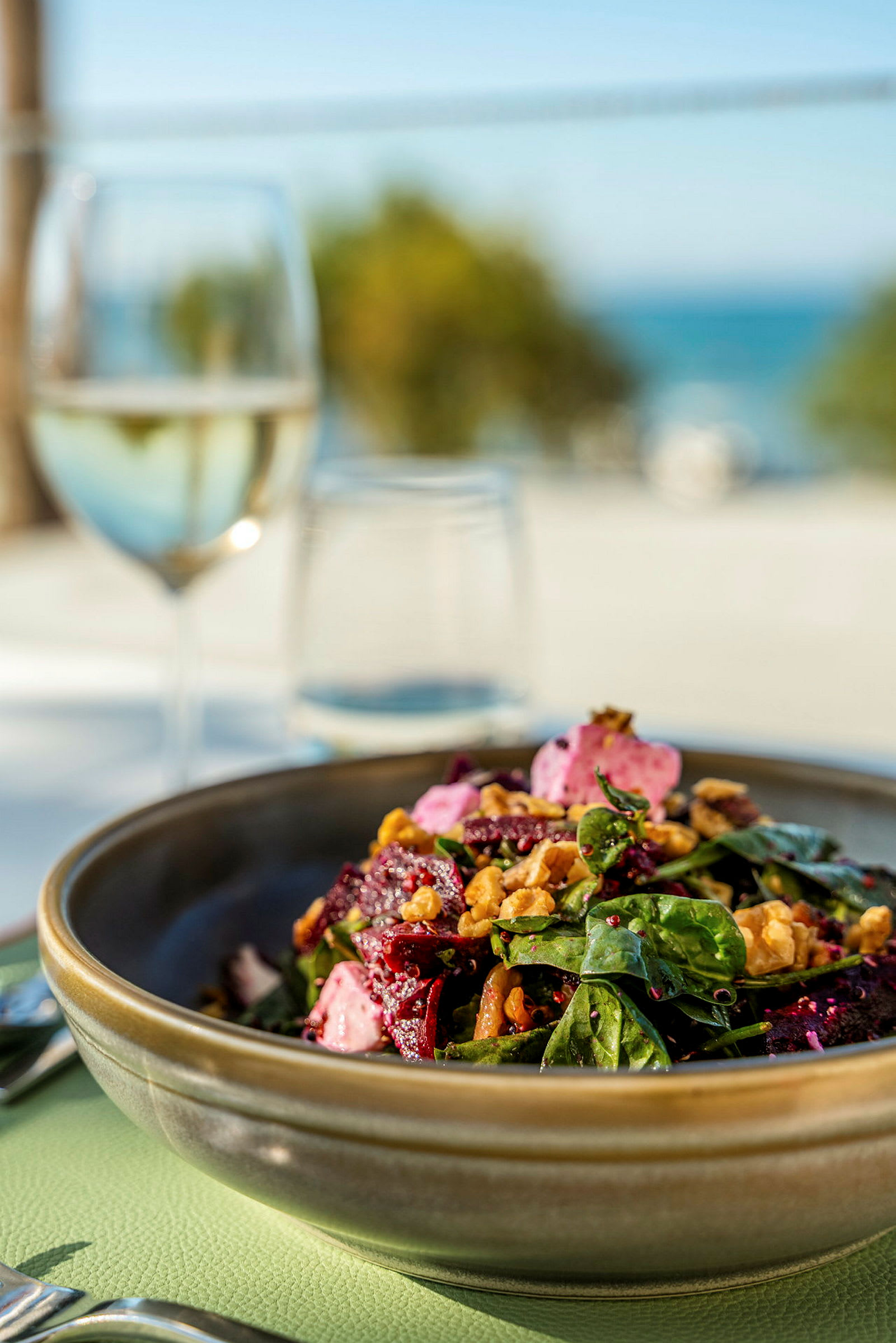 En skål med salat, der indeholder bladgrøntsager, rødbeder, nødder og anden topping. I baggrunden ses et glas vin og udsigt til havet. (AI-genereret tekst)