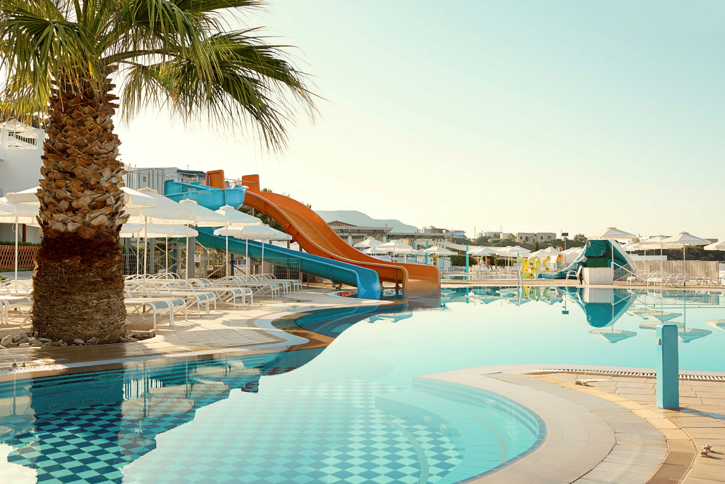 Billede af en swimmingpool med vandrutsjebaner og liggestole samt en palme i forgrunden. (AI-genereret tekst)