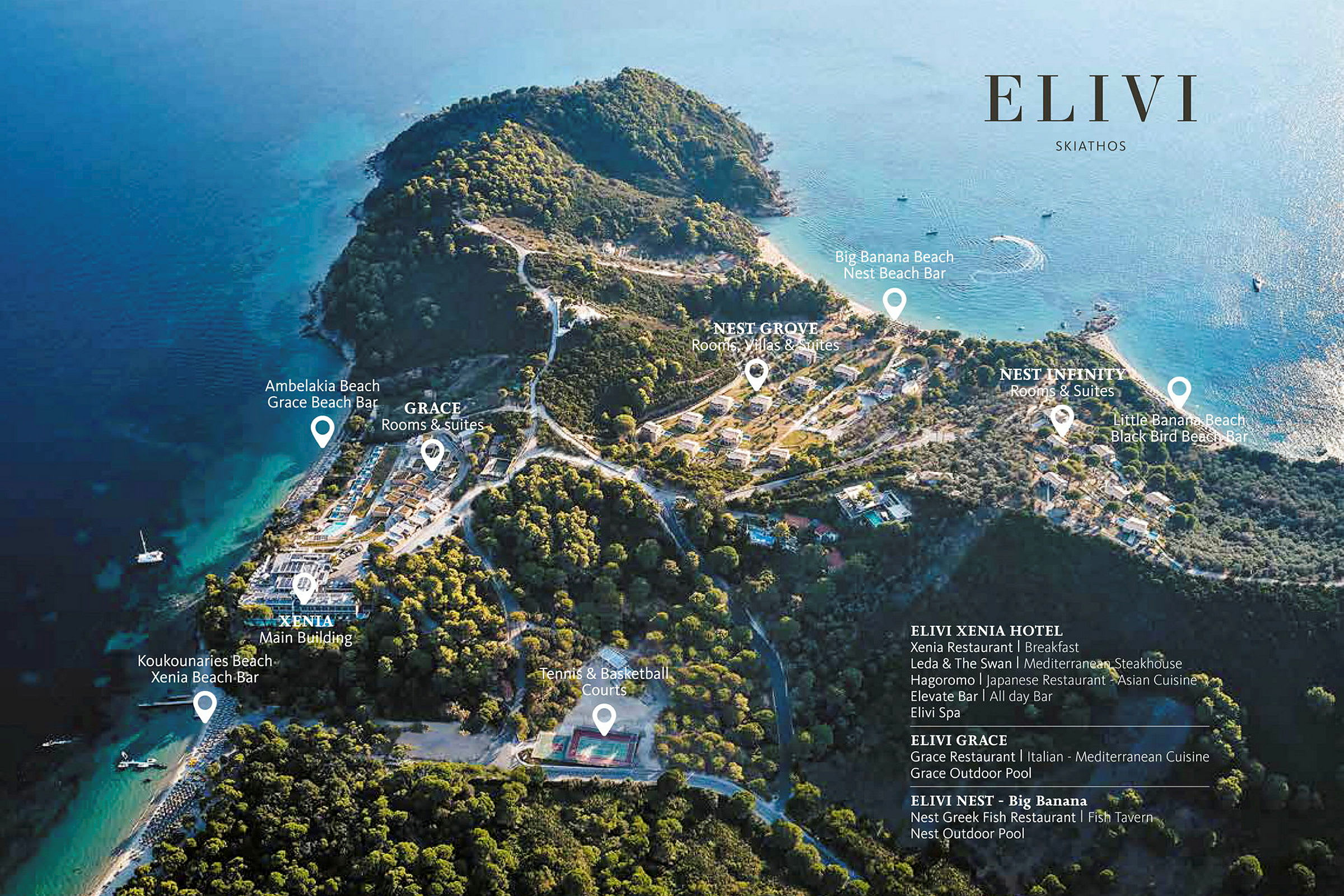Luftfoto af hotelområdet Elivi Skiathos med strande og omkringliggende natur. (AI-genereret tekst)
