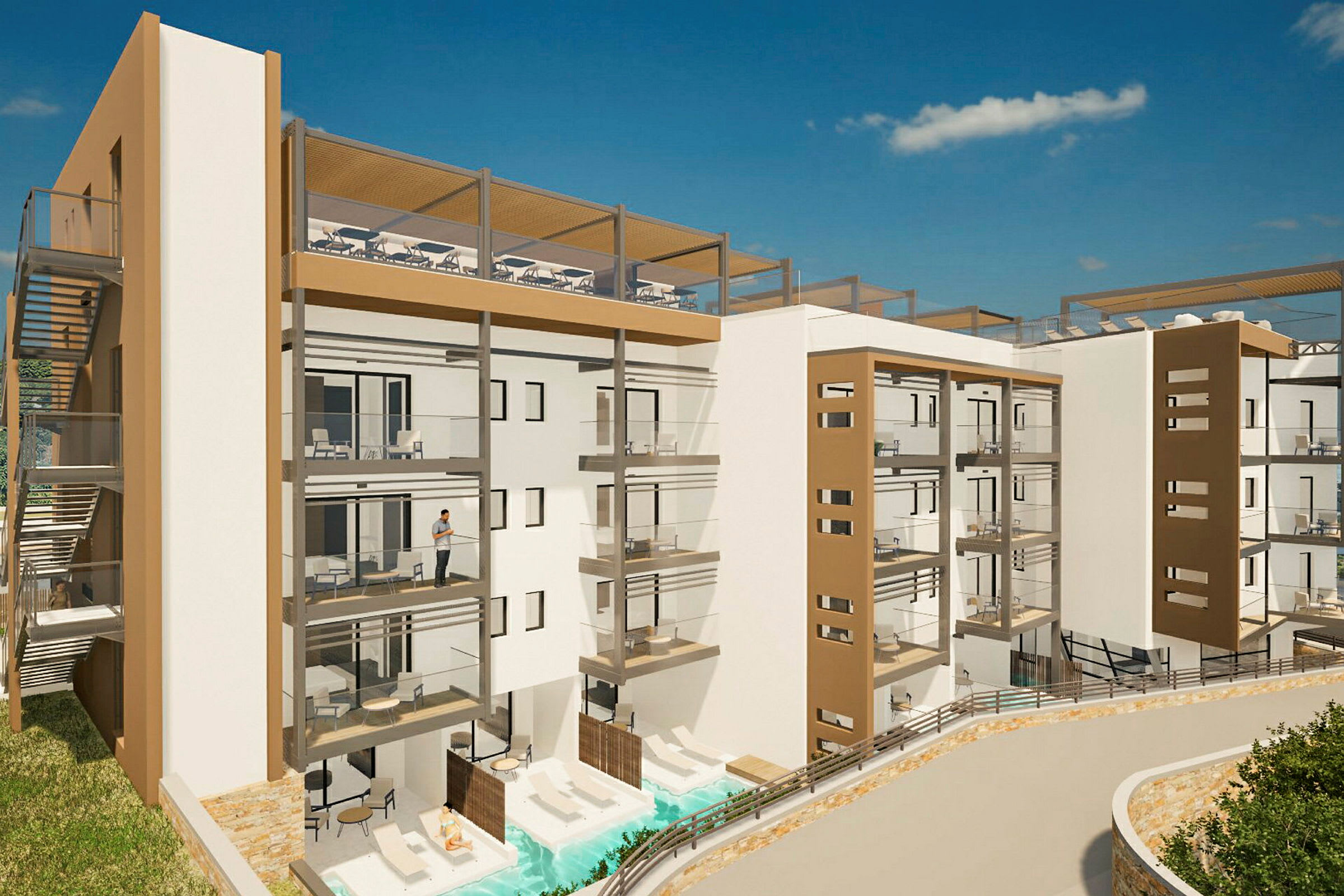 Et fleretagers hotel med moderne altaner og pools på nederste etage. (AI-genereret tekst)