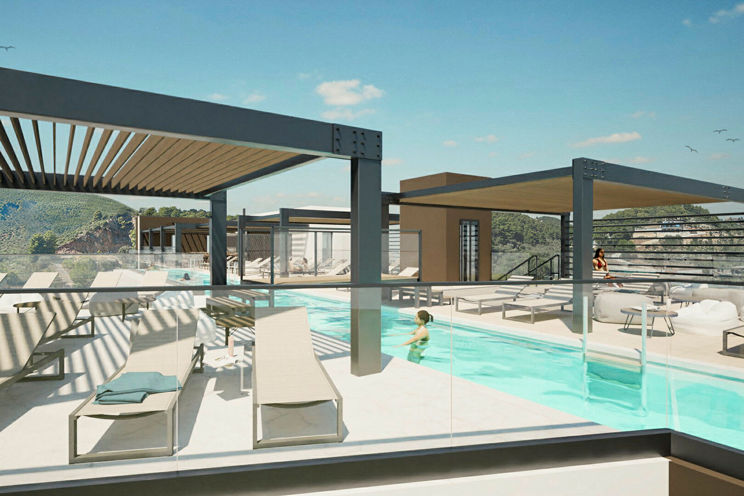 Poolområde med liggestole under pergola, bjerge i baggrunden. (AI-genereret tekst)