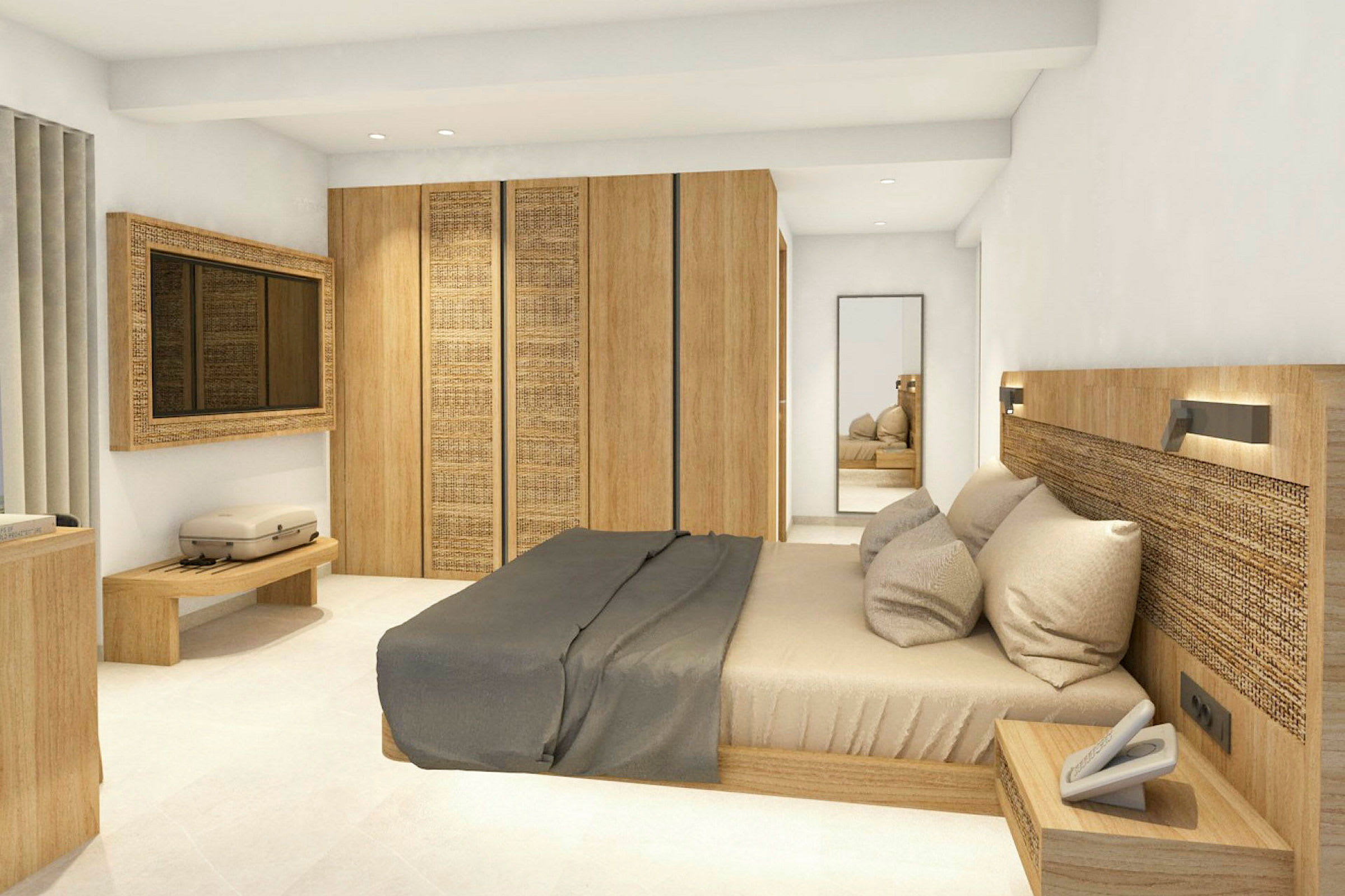 Et hotelværelsesdesign med en moderne seng, trædetaljer og minimalistiske møbler. (AI-genereret tekst)