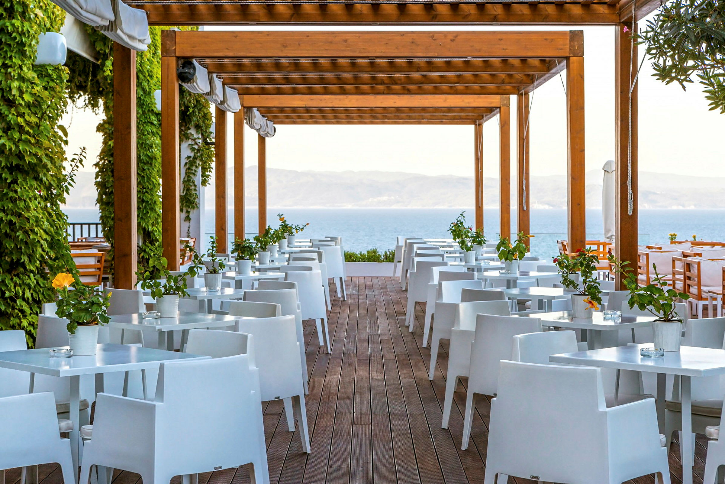 Udendørs restaurant med hvide borde og stole under træpergola, omgivet af grønne planter. (AI-genereret tekst)