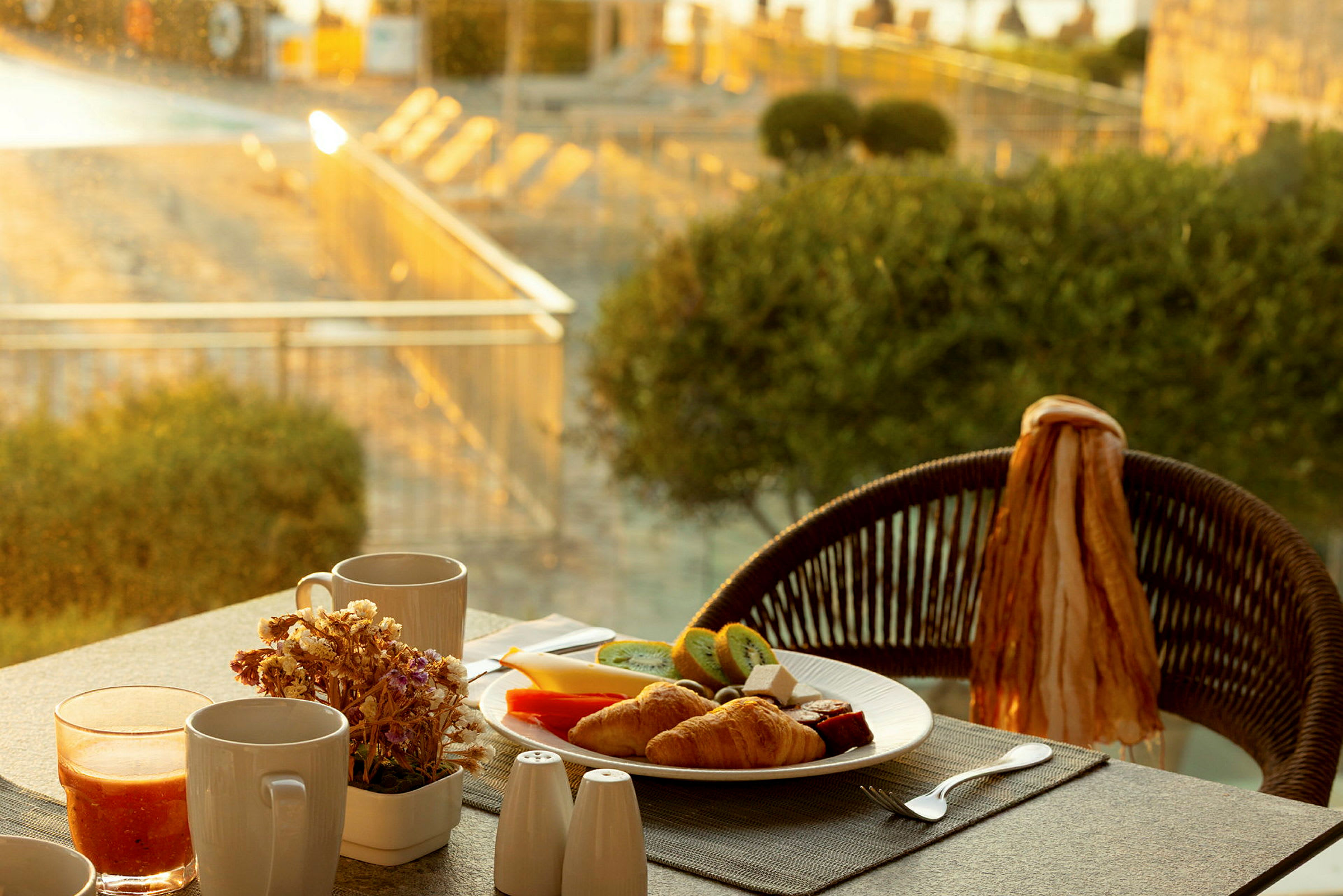 Tallerken med morgenmad og drikkevarer på et bord med udsigt over en solrig have. (AI-genereret tekst)