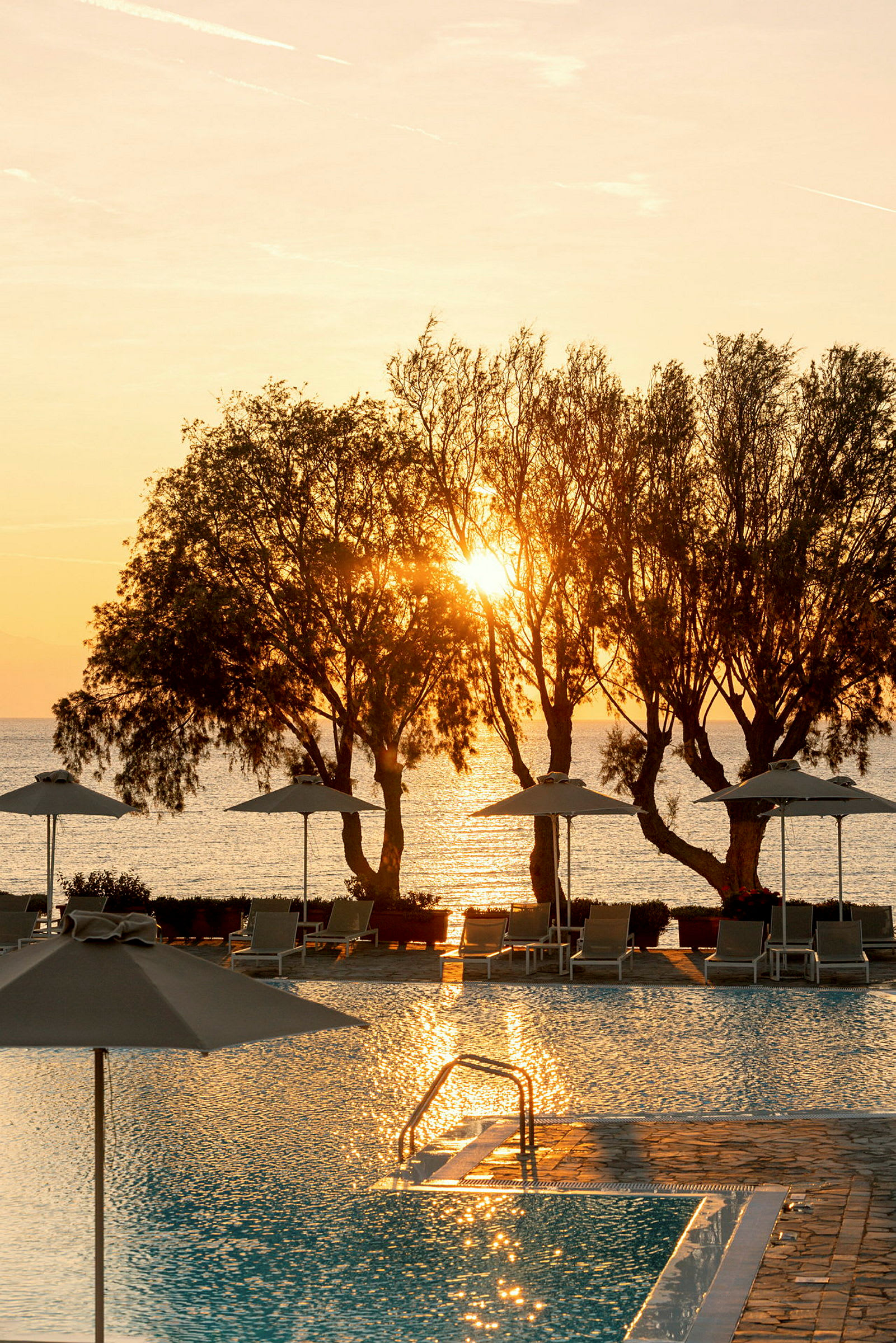 Billede af en pool med stole og parasoller, foran træer og en solnedgang ved havet. (AI-genereret tekst)