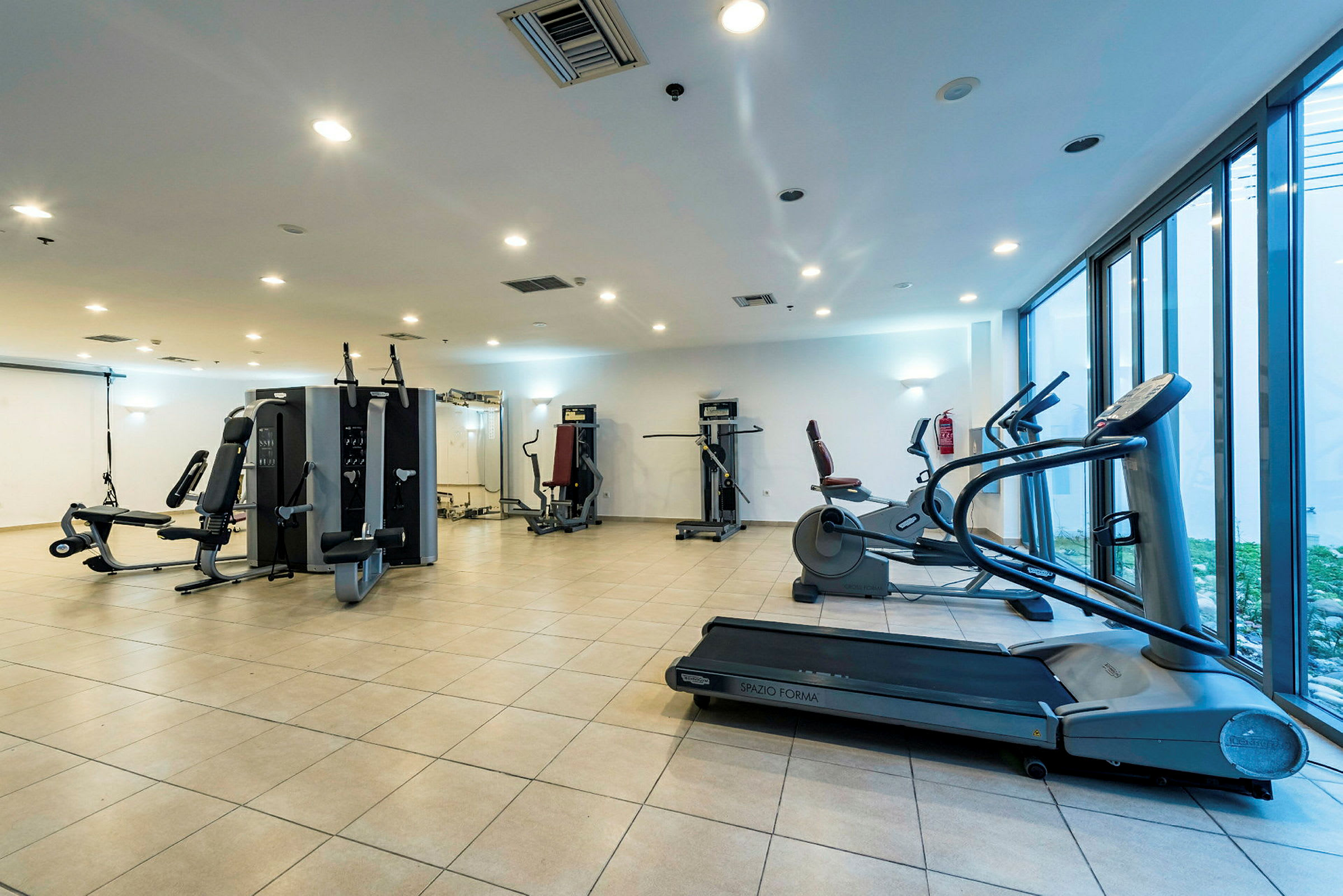 Et fitnesscenter med forskellige træningsmaskiner og vinduer ud mod det fri. (AI-genereret tekst)
