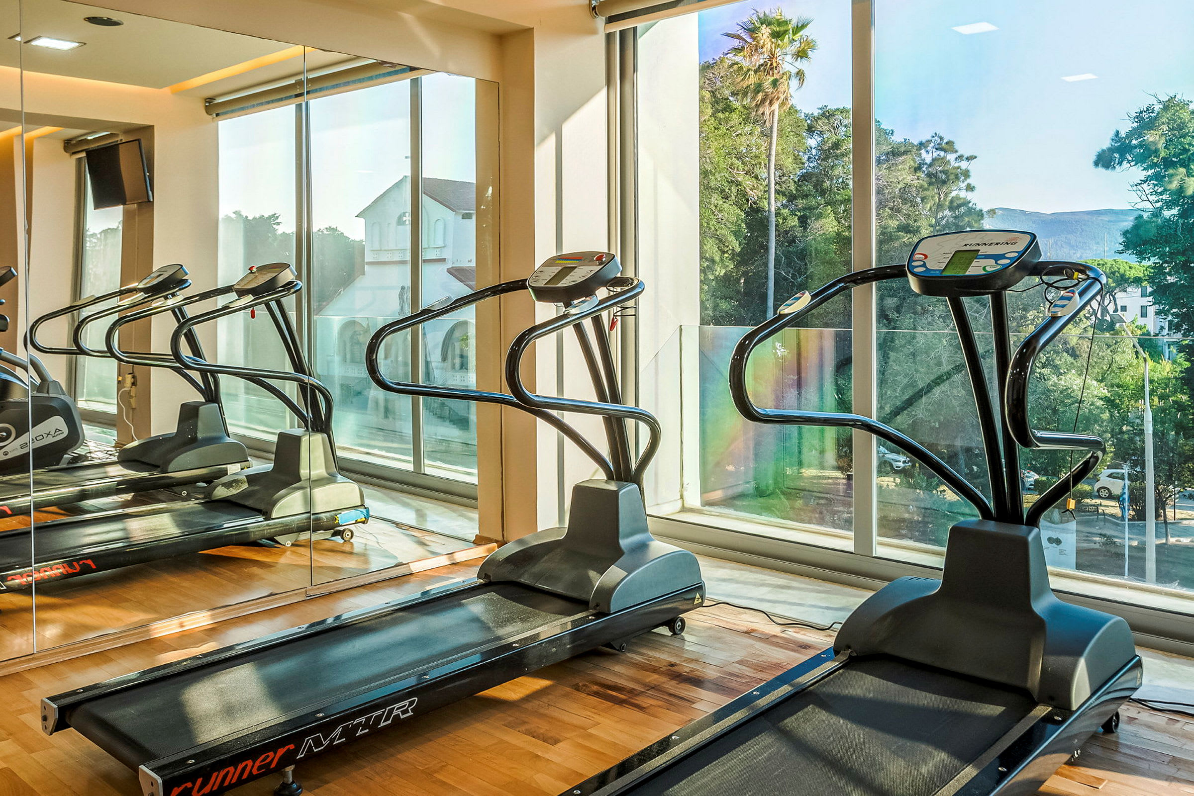 Et fitnesscenter med løbebånd foran store vinduer med udsigt til træer og bygninger. (AI-genereret tekst)