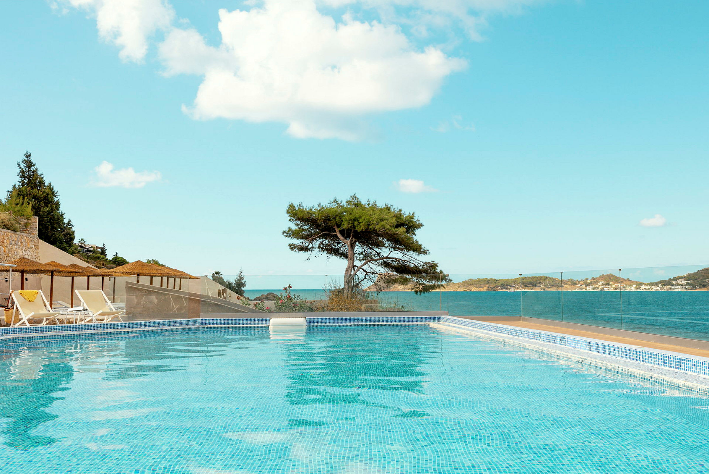 Pool med blåt vand, omgivet af liggestole og parasoller, med havudsigt og et ensomt træ i baggrunden. (AI-genereret tekst)