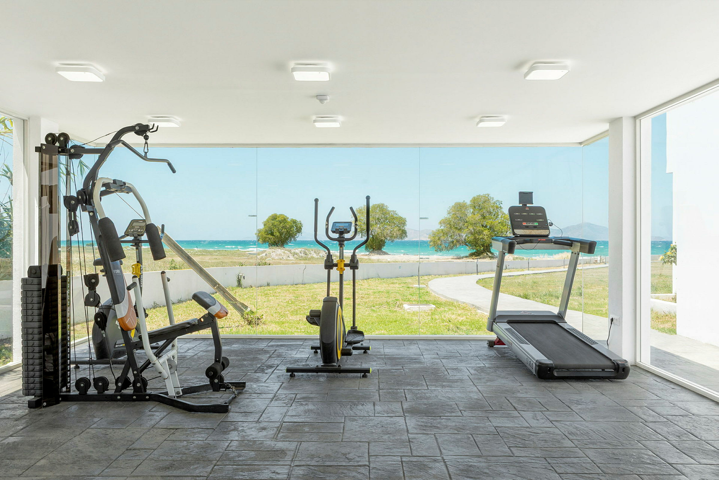 Et træningsrum med fitnessudstyr og udsigt til havet gennem glasvægge. (AI-genereret tekst)