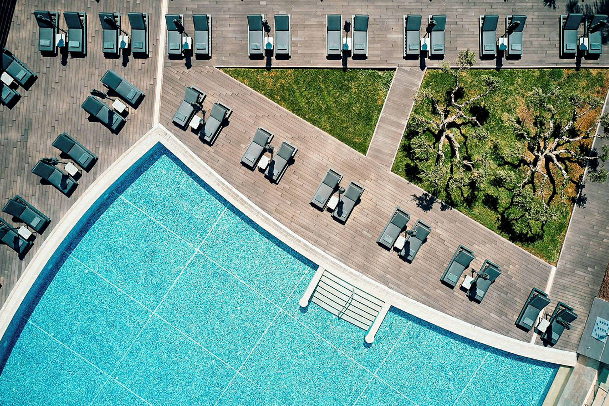 Luftfoto af en swimmingpool, liggestole, træterrasse og grønne områder. (AI-genereret tekst)