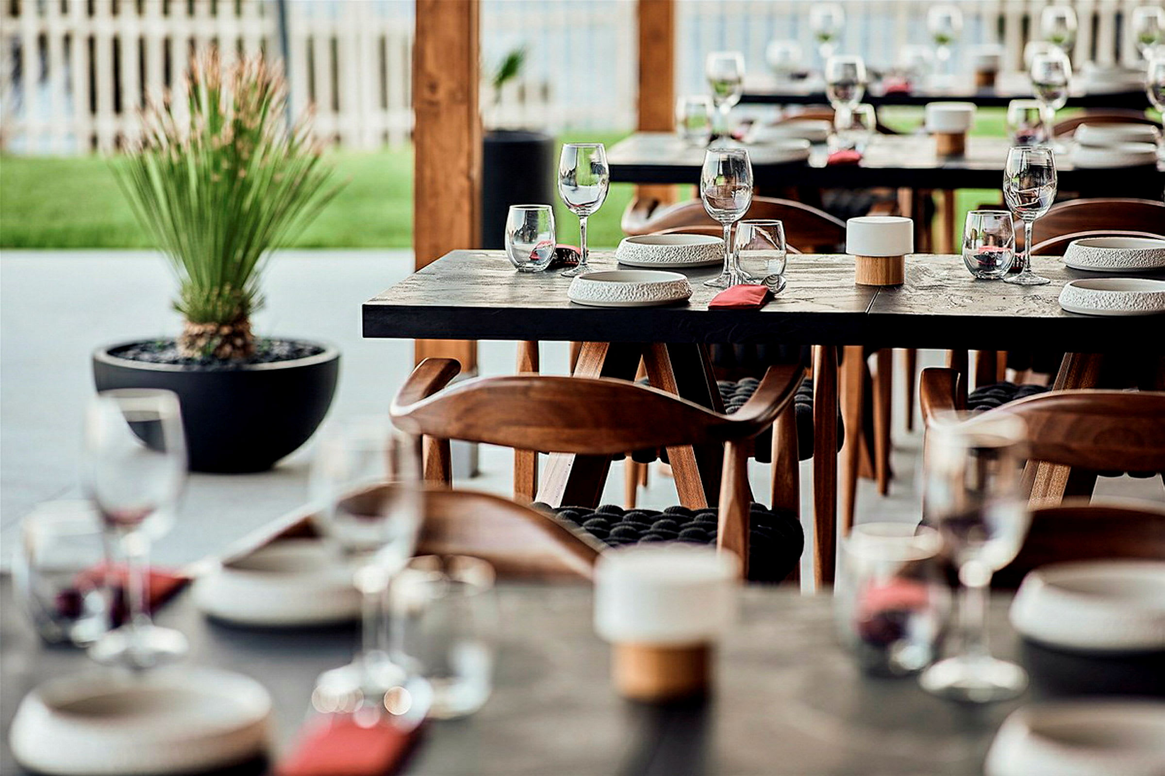 Et dækket bord med glas og tallerkener i en restaurant med træstole og en plante i baggrunden. (AI-genereret tekst)