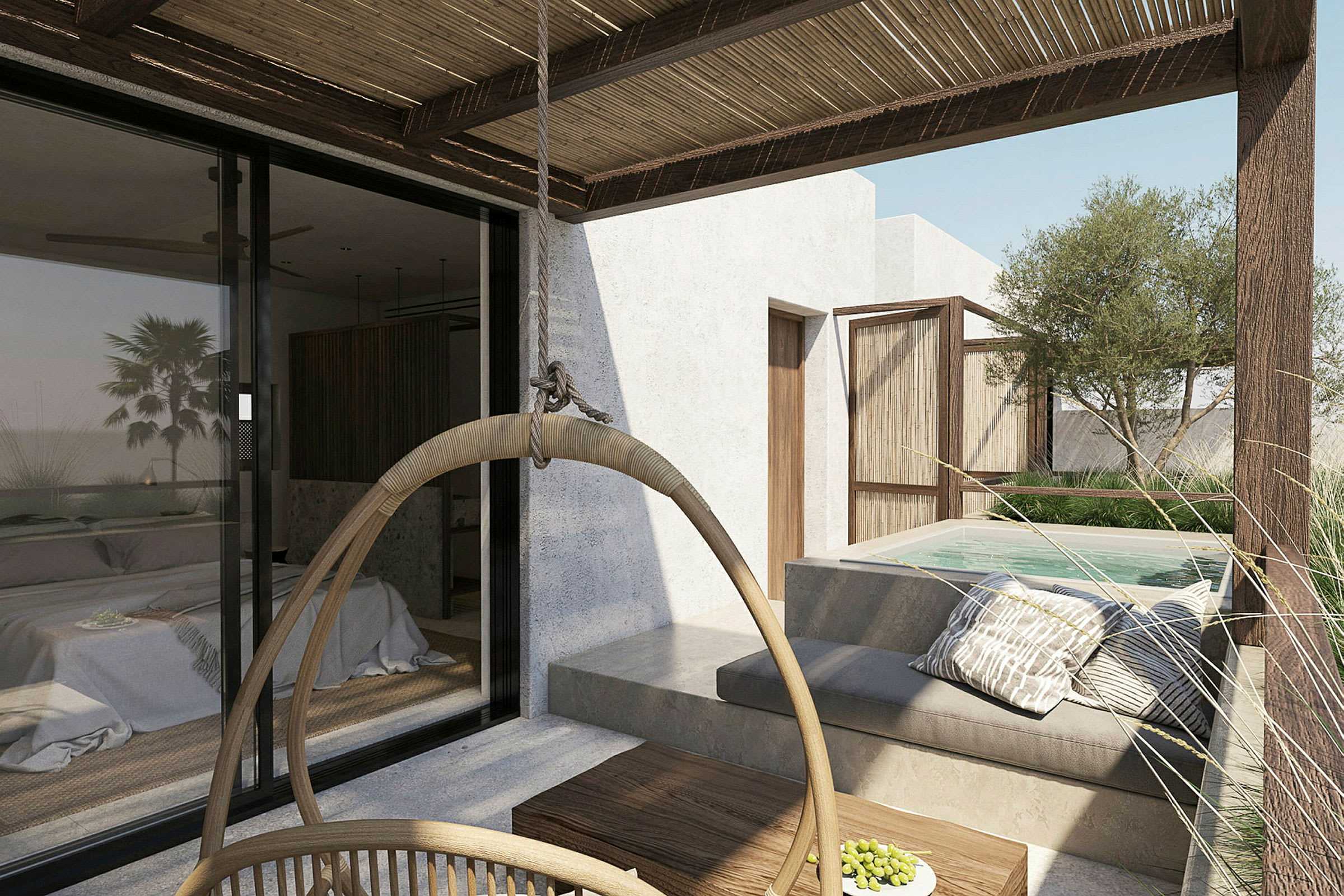 Terrasse med pool, siddeområde og hængestol. Soveværelse og vegetation ses i baggrunden. (AI-genereret tekst)