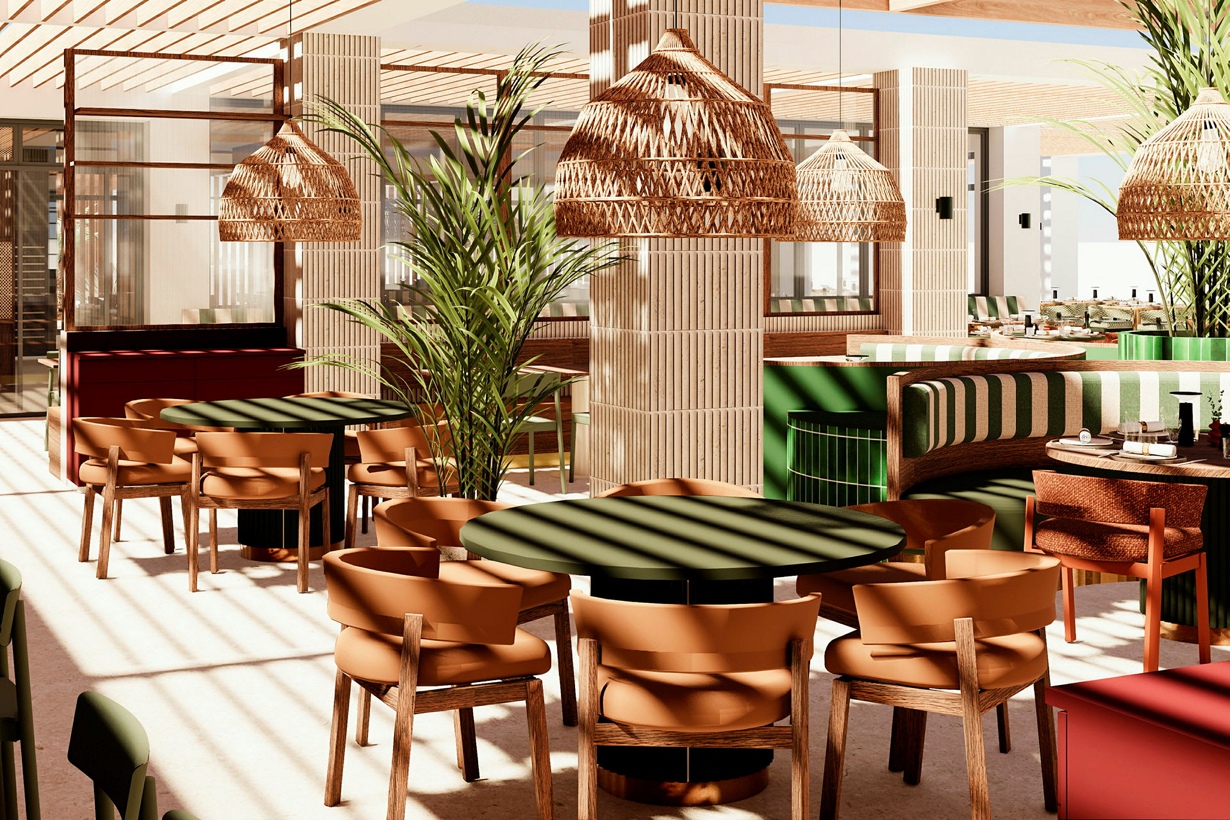 En restaurantinteriør med træstole, runde borde og planter samt loftslamper i flettet design. (AI-genereret tekst)