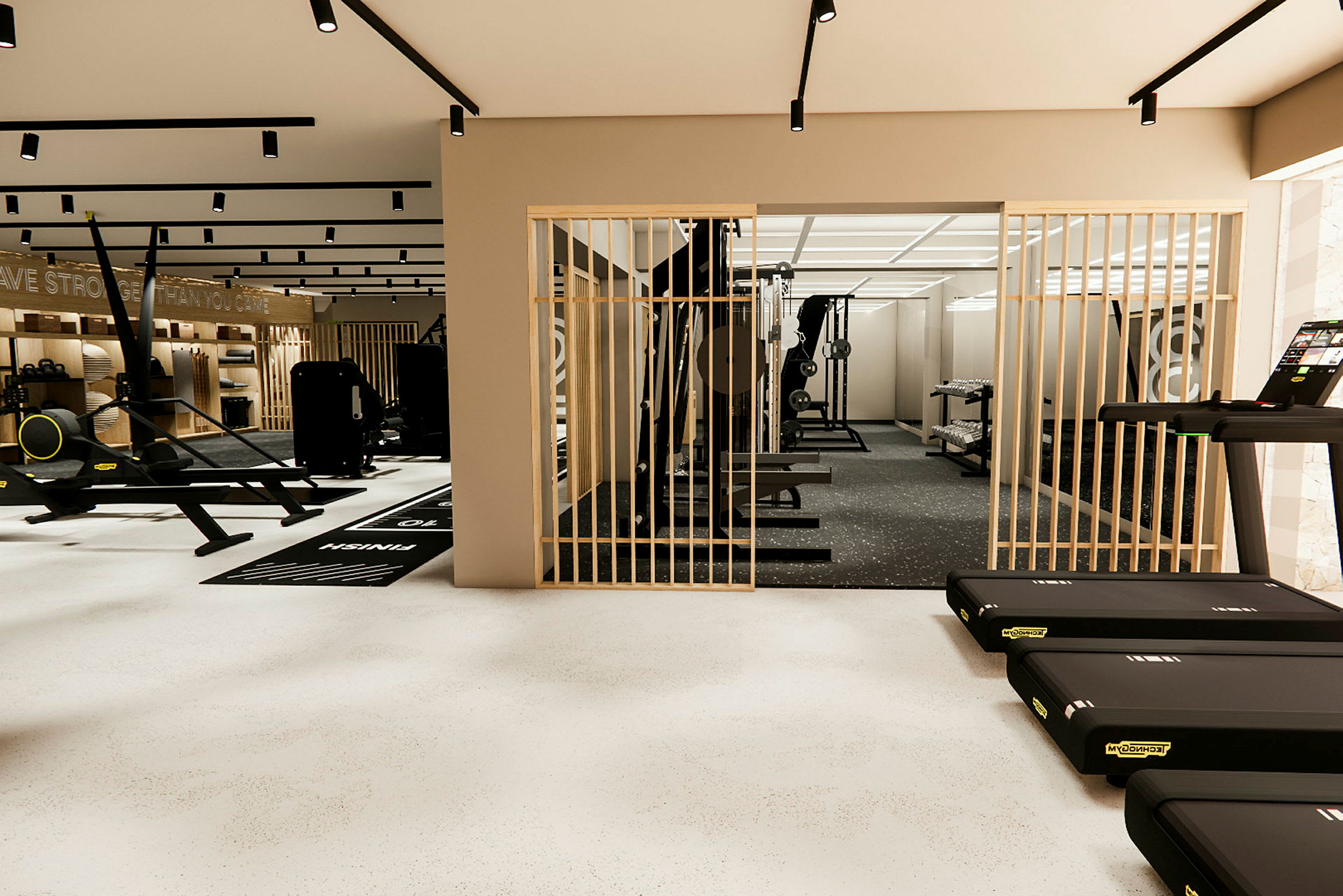 Et fitnesscenter med forskellige træningsmaskiner og udstyr, herunder løbebånd og vægte. (AI-genereret tekst)