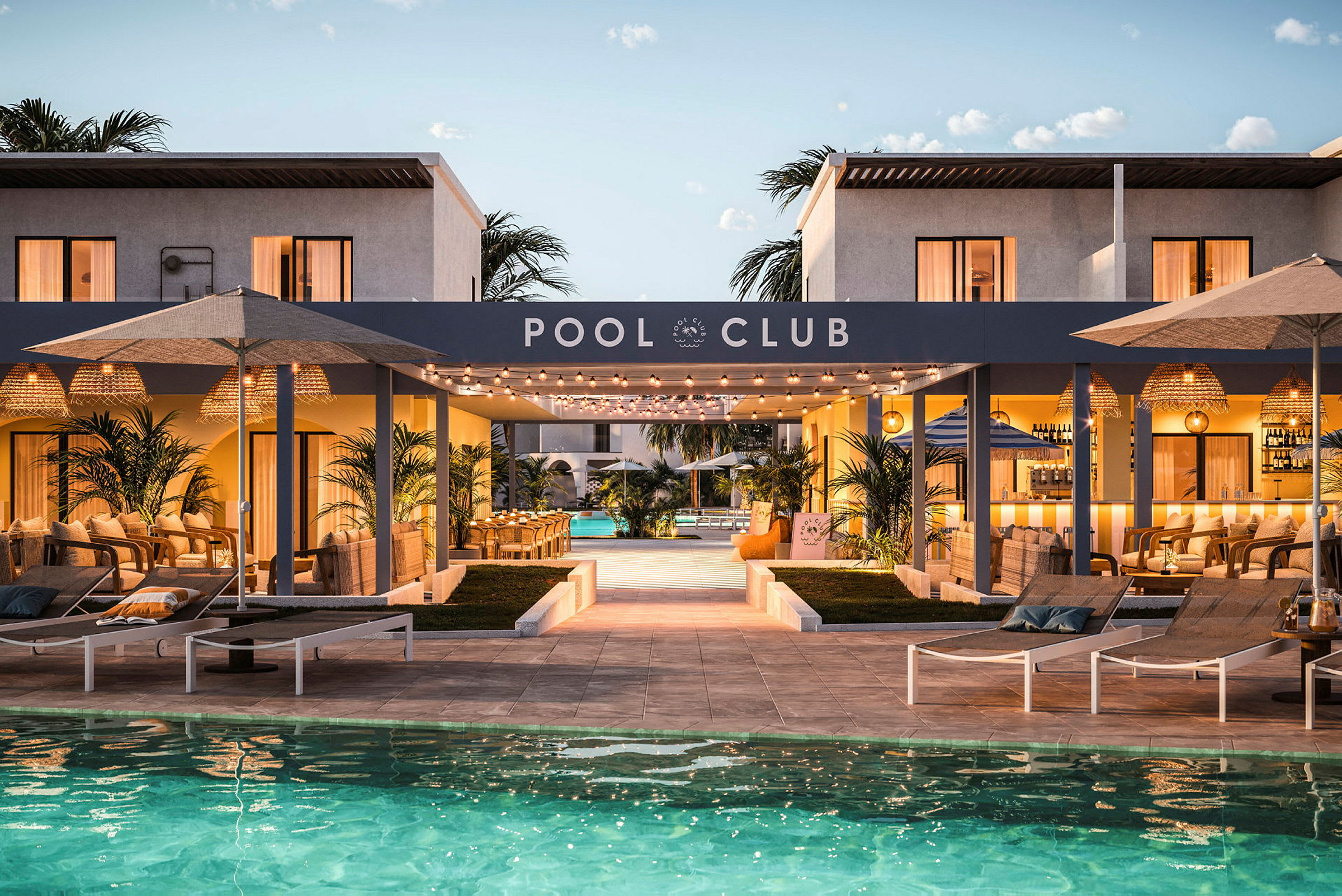 Billede af en poolklub med liggestole ved en swimmingpool, omgivet af moderne arkitektur og udendørsmøbler i en lounge-atmosfære. (AI-genereret tekst)