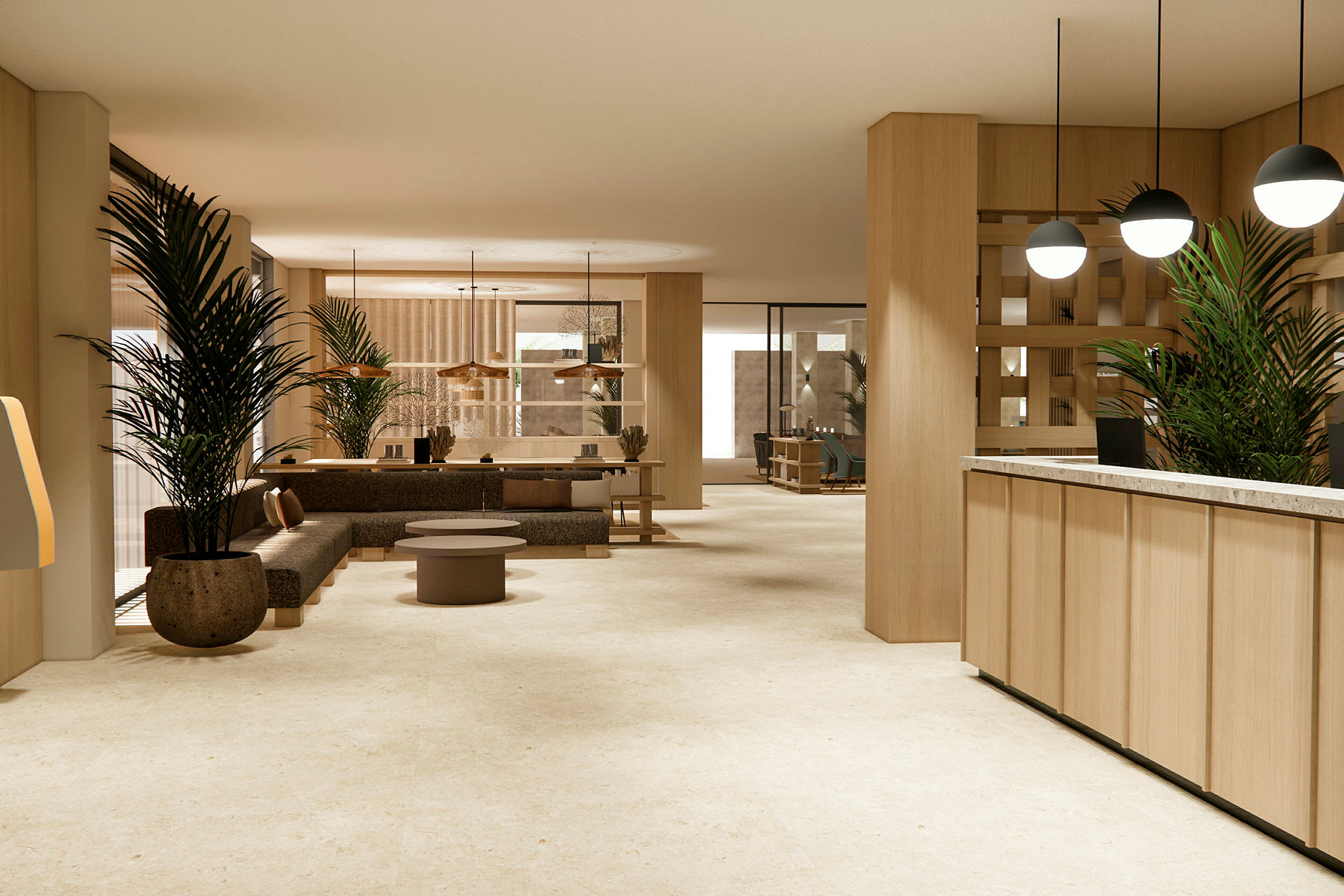 Interiør af et moderne hotel med en reception, siddeområder og dekorative planter. (AI-genereret tekst)