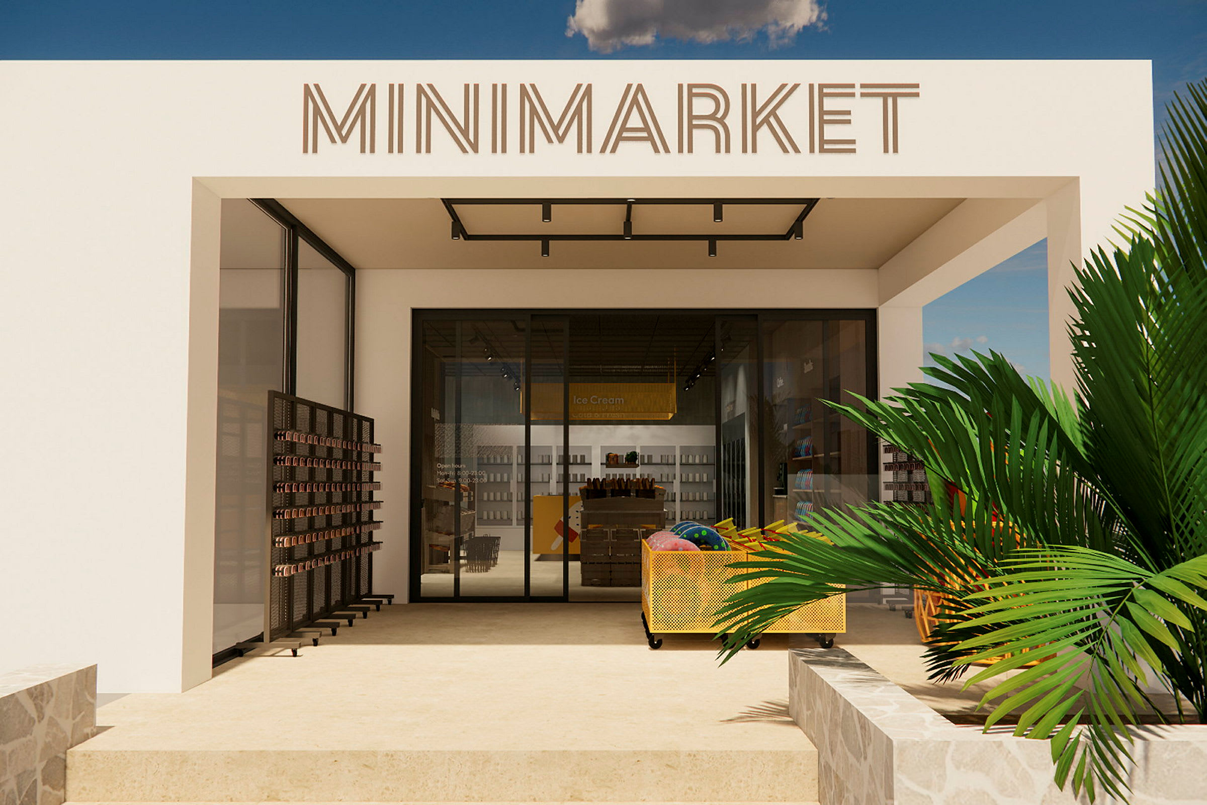 En lille butik med skiltet "Minimarket" over indgangen, omgivet af sol og grønne planter. (AI-genereret tekst)