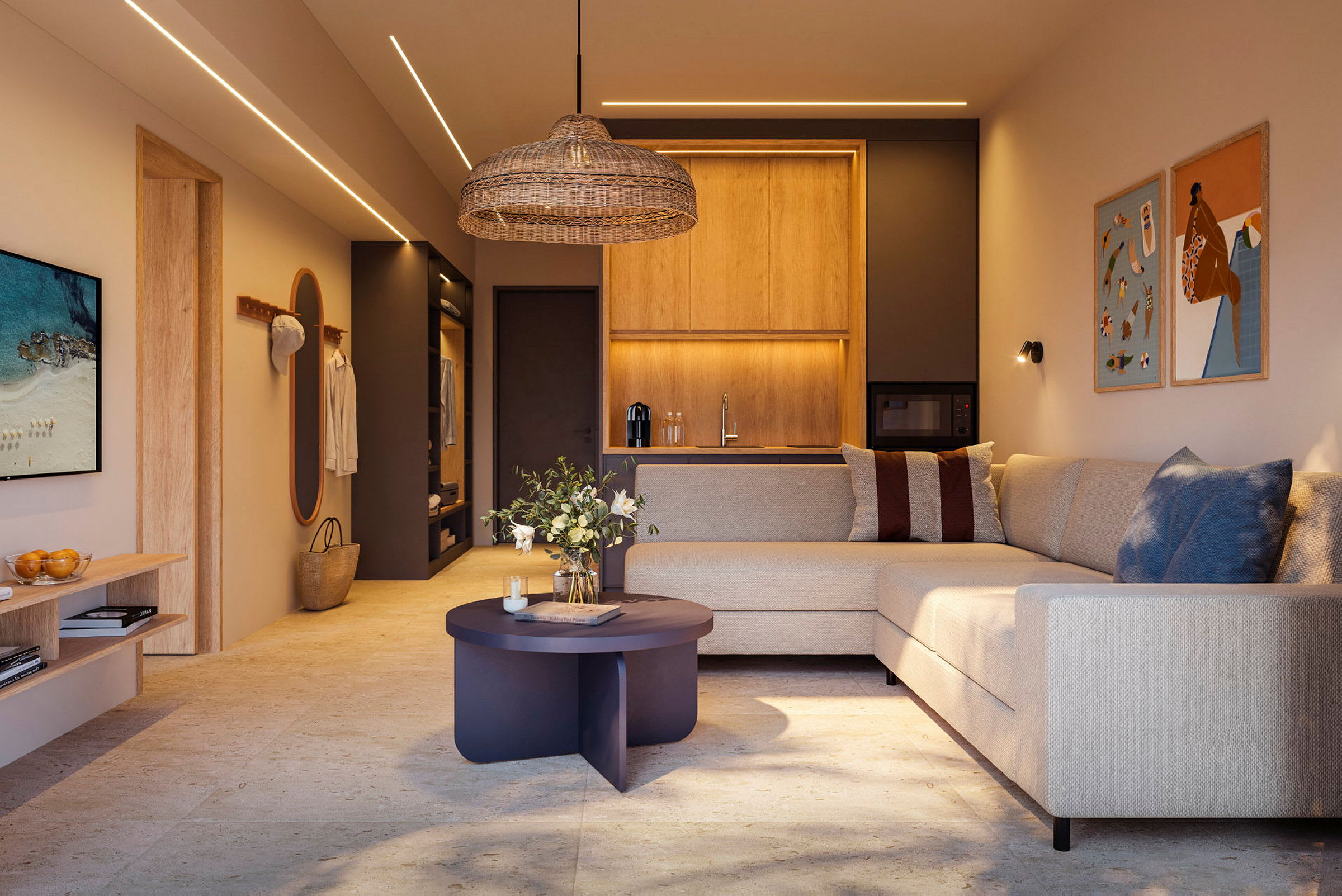 En moderne stue med stilfuld indretning bestående af en beige hjørnesofa, et rundt sofabord, dekorationer og en lampe i naturlige materialer. Et integreret køkken ses i baggrunden. (AI-genereret tekst)