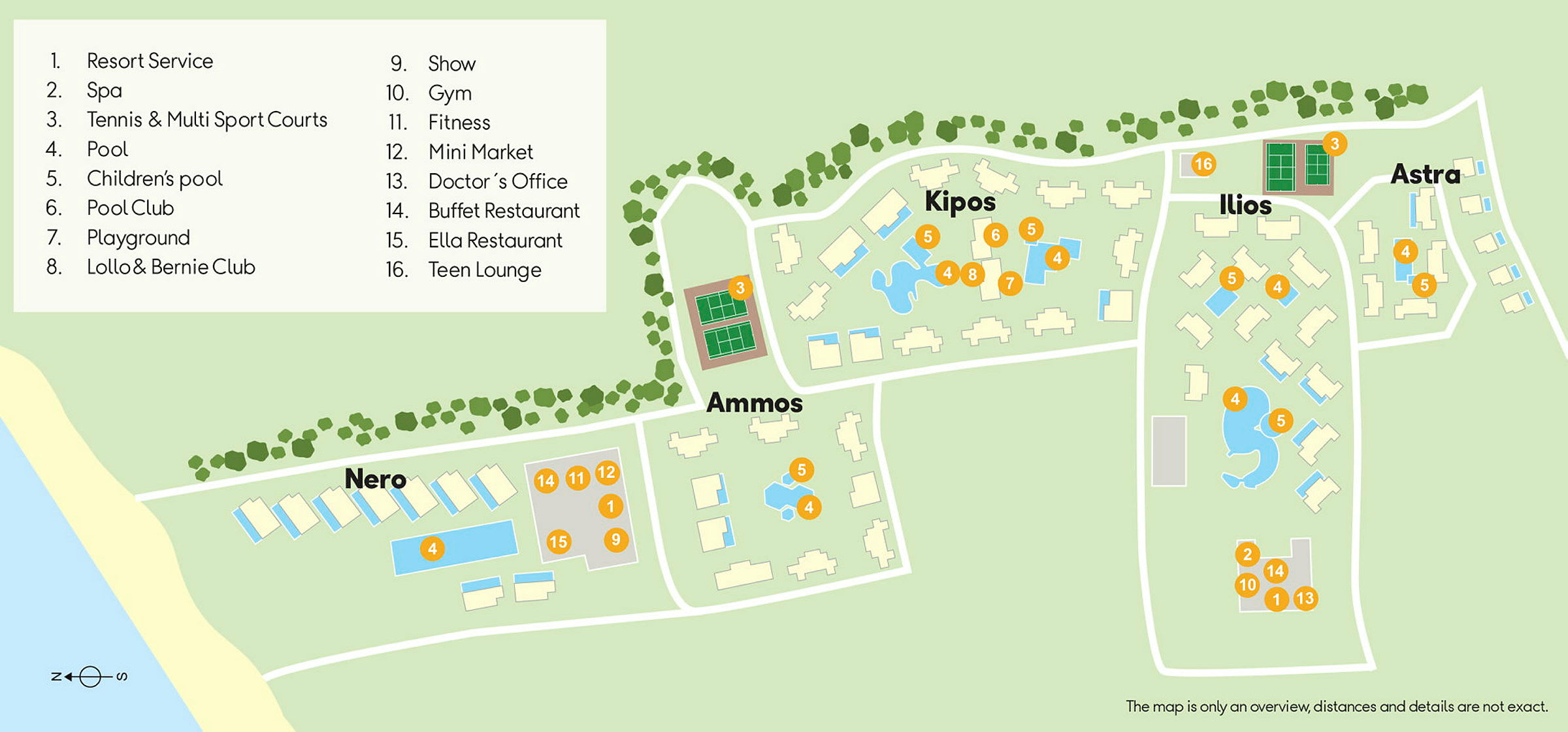 Illustreret kort over en ferieby med områder og bygninger markeret med numre og navne for forskellige faciliteter. (AI-genereret tekst)