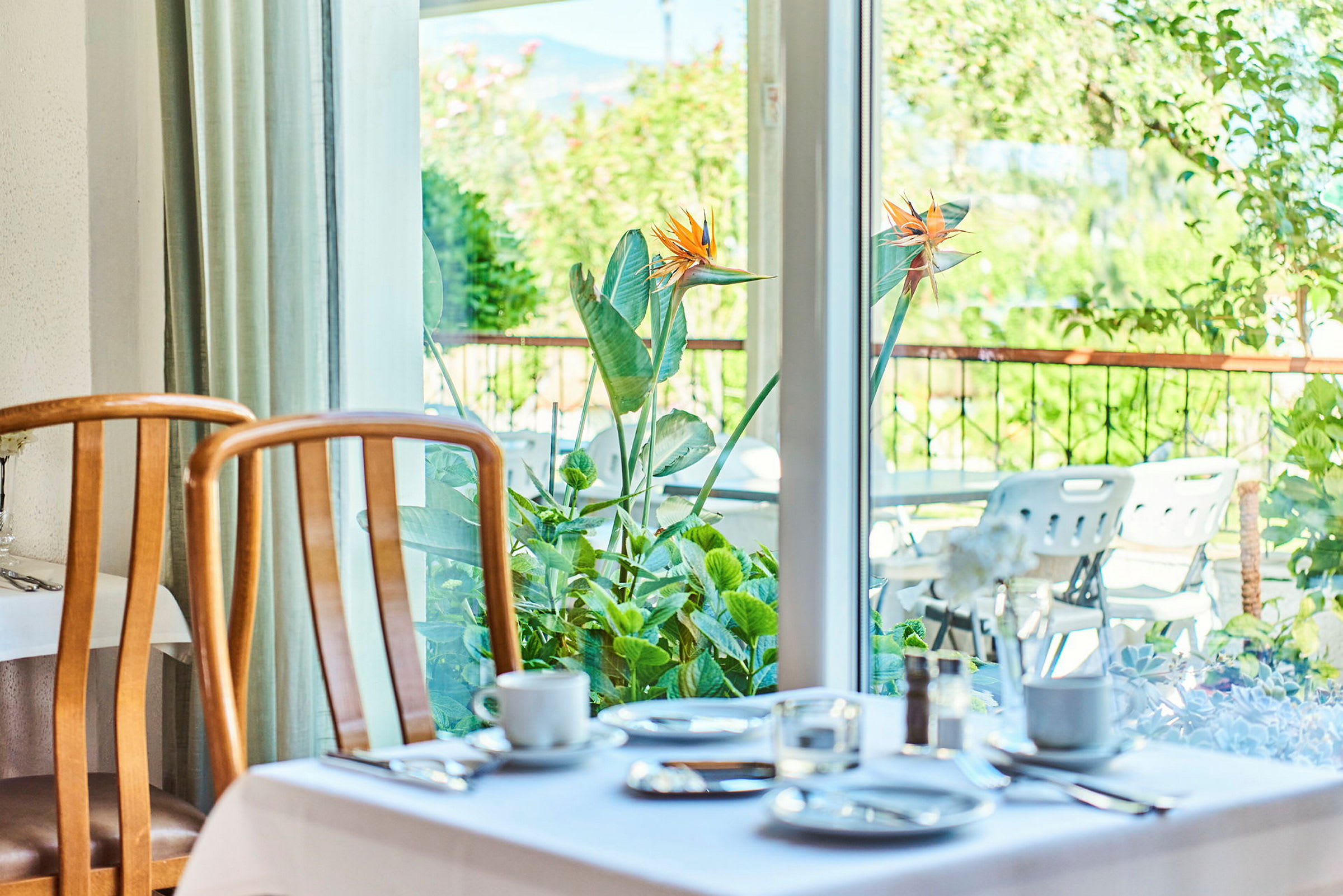 Et dækket bord foran et vindue med udsigt over en have med grønne planter og blomster. (AI-genereret tekst)