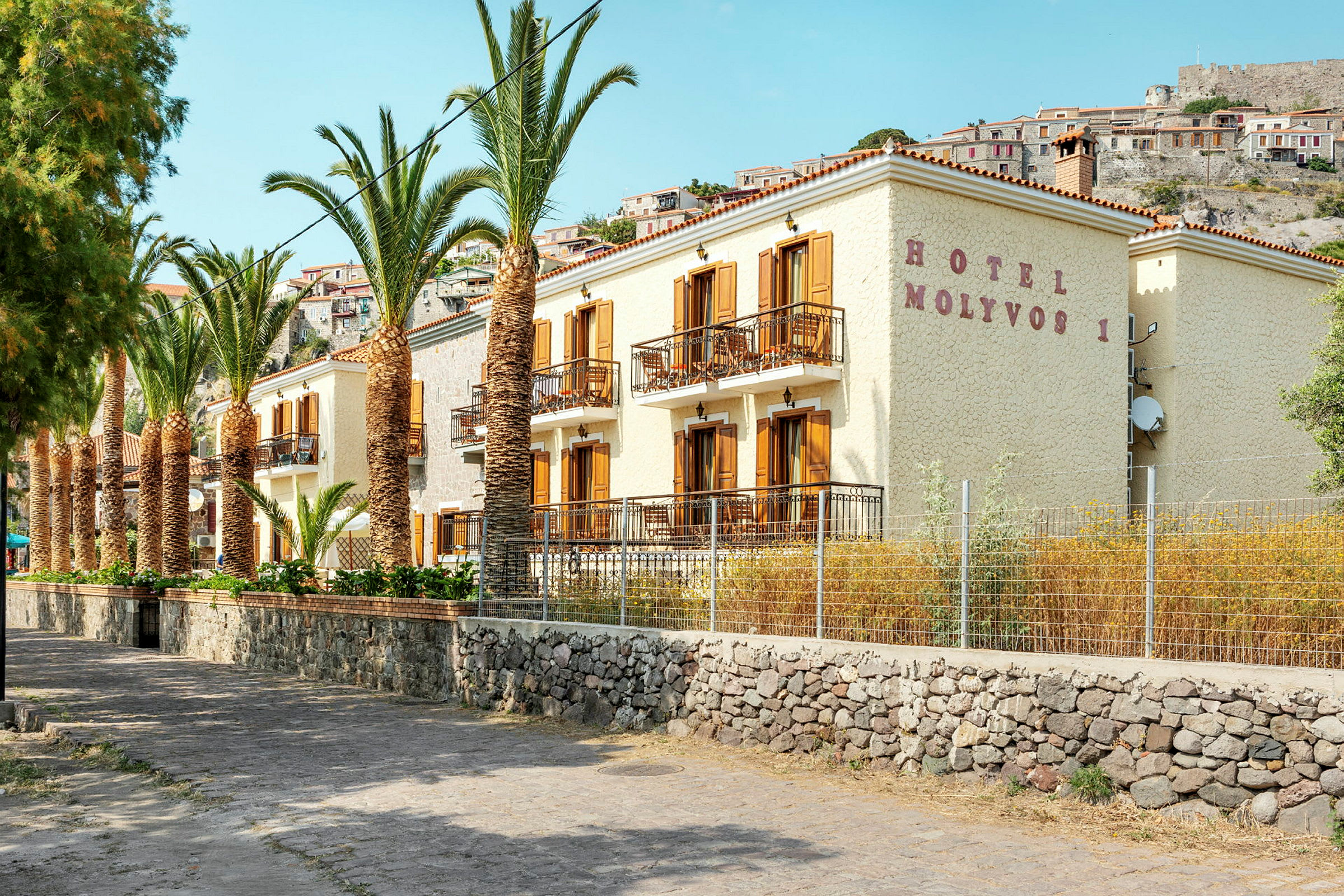 Et hotel ved navn Molyvos I omgivet af palmer og stenmur. (AI-genereret tekst)