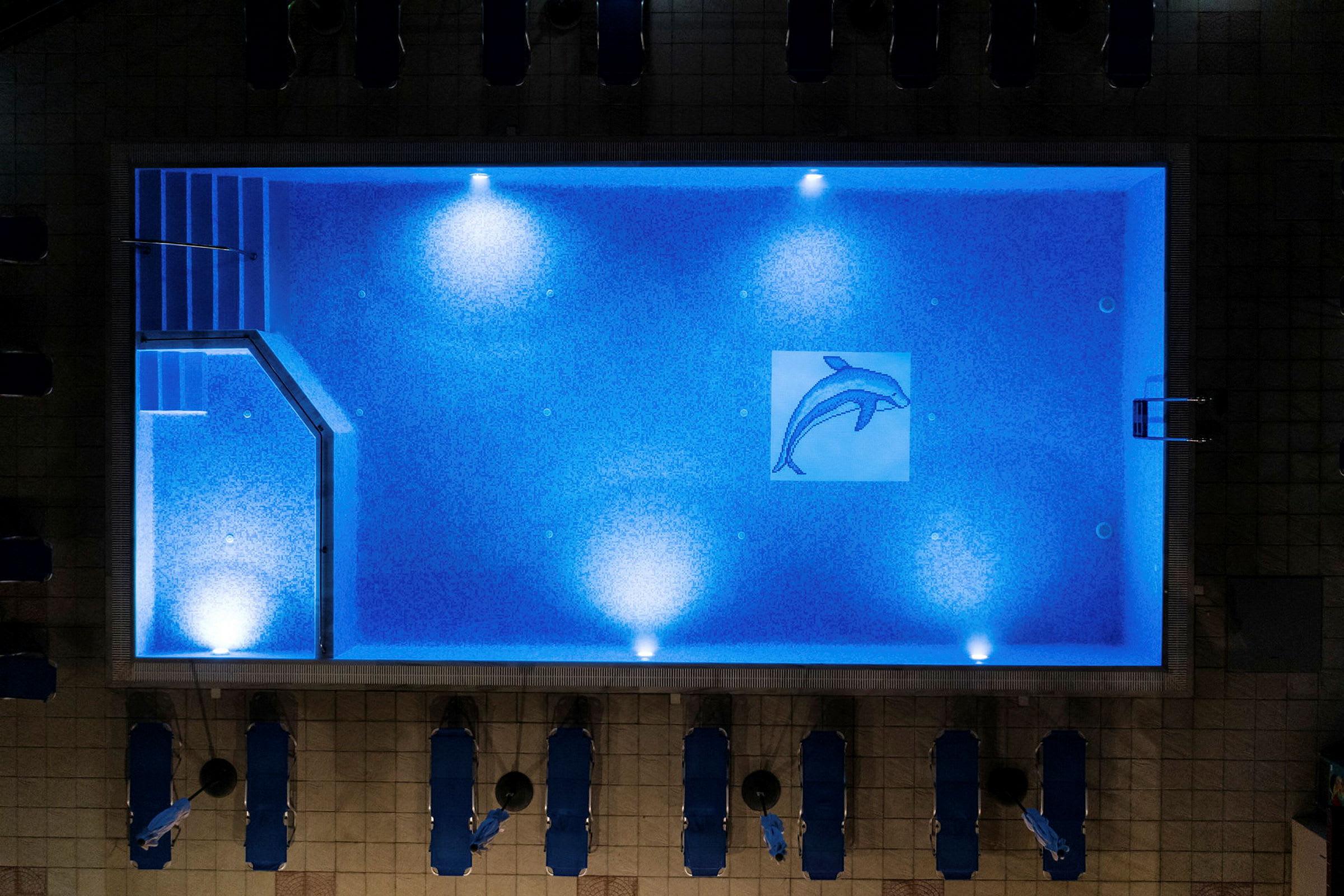 En oplyst swimmingpool set ovenfra, med en mosaik af en delfin på bunden. (AI-genereret tekst)