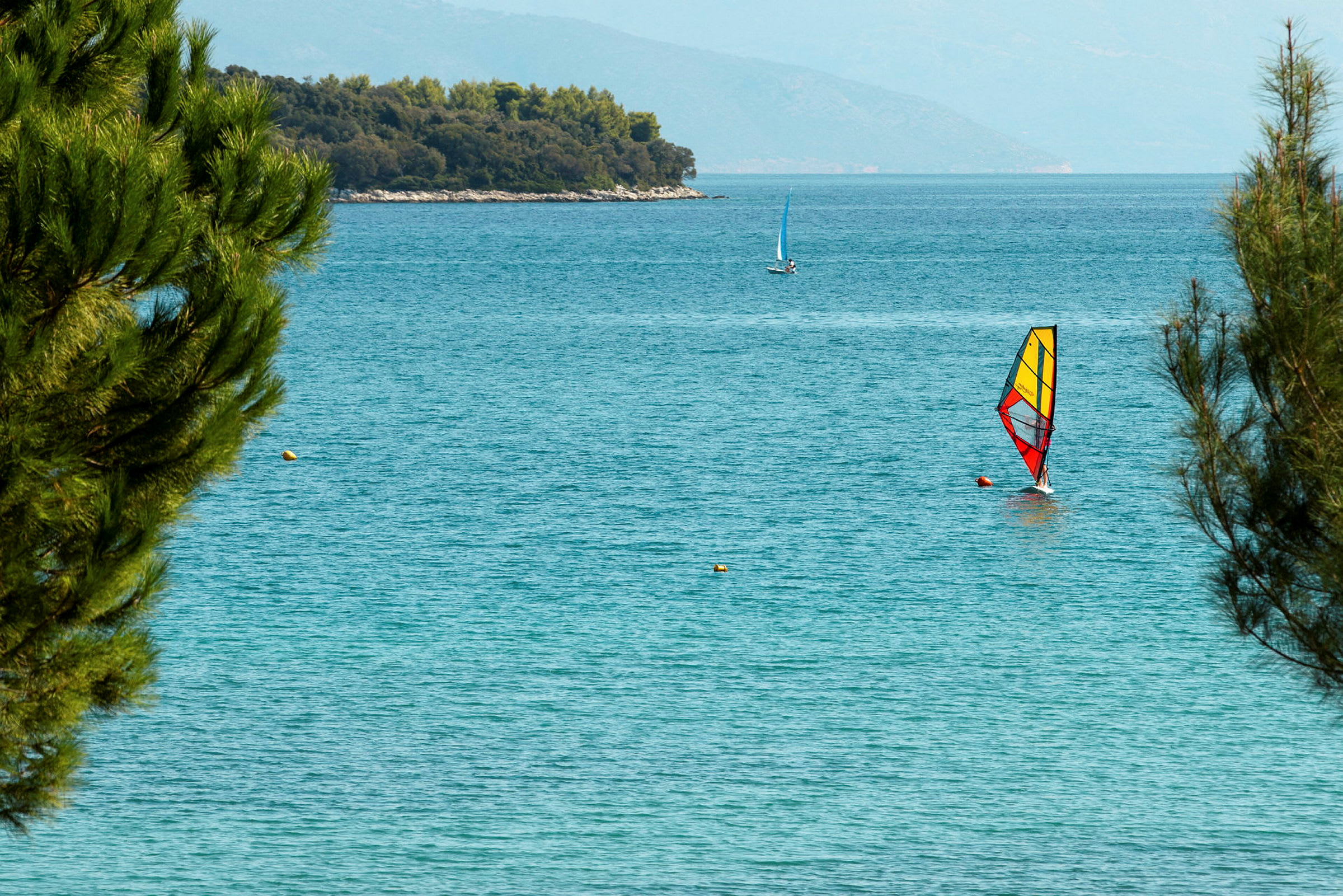 Windsurfer med farverigt sejl på havet, omgivet af grønt. (AI-genereret tekst)