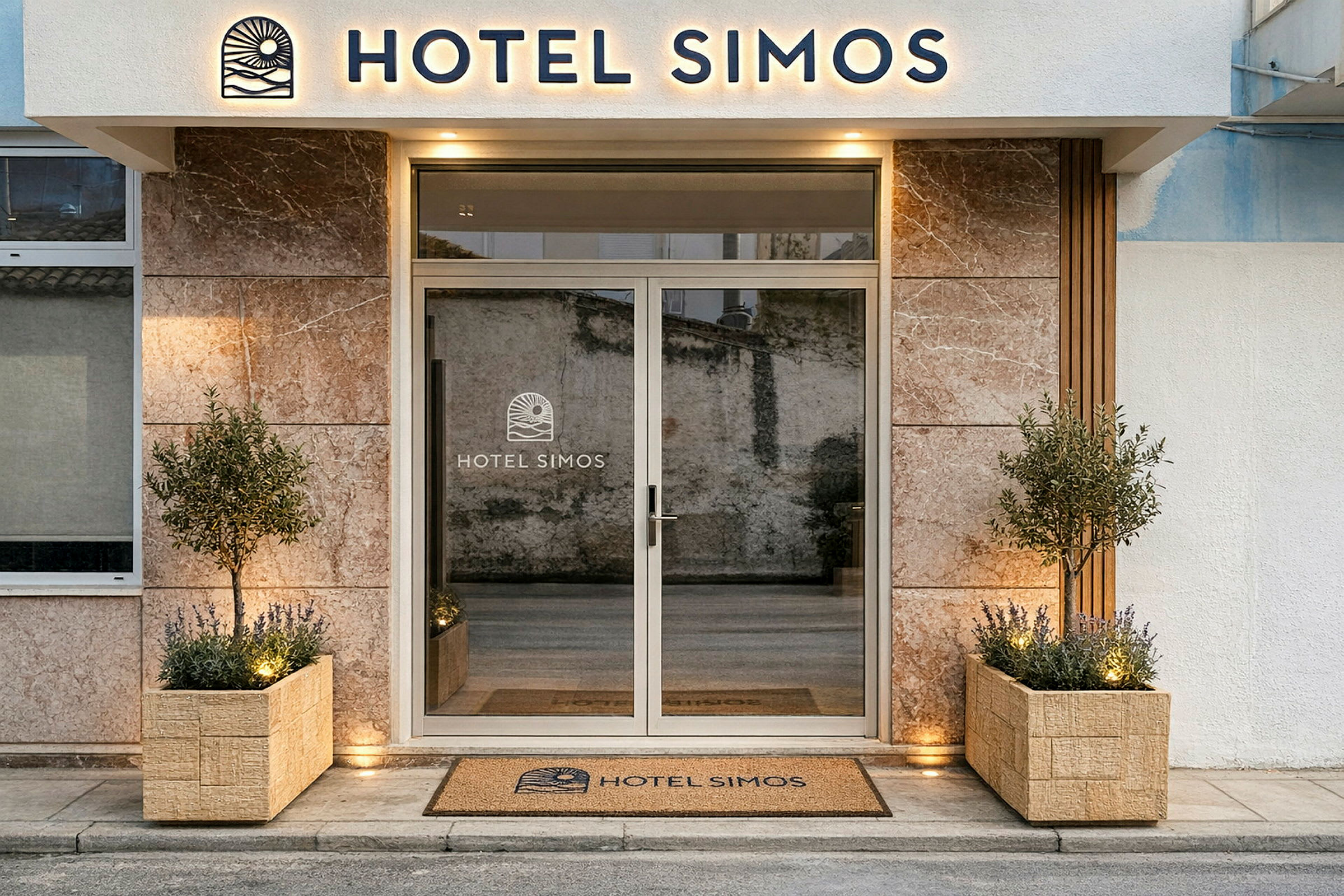Indgang til Hotel Simos med dekorerede blomsterkasser og en glasdør. (AI-genereret tekst)
