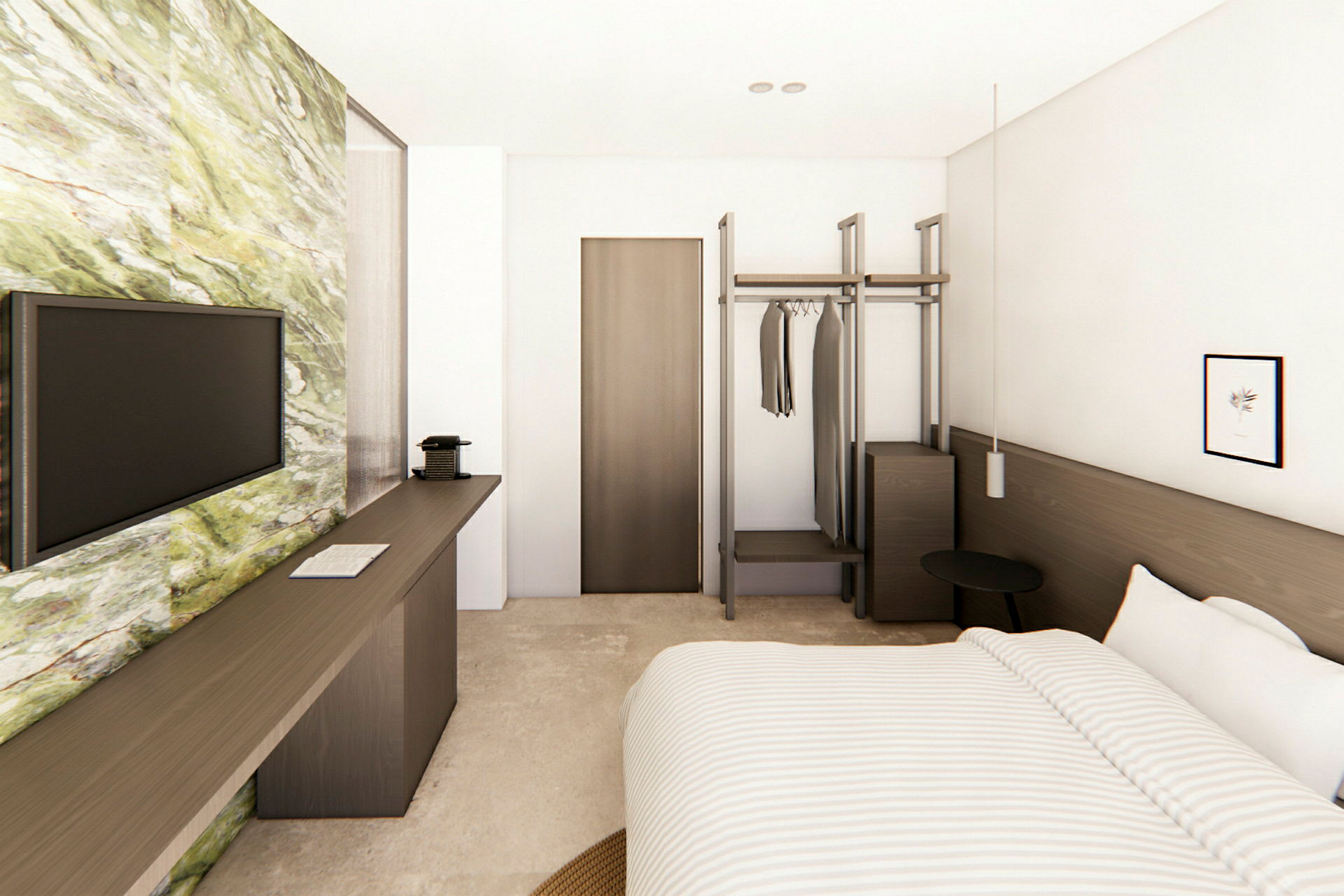 Veludstyret hotelværelse med en seng, tv, skrivebord og garderobe. (AI-genereret tekst)