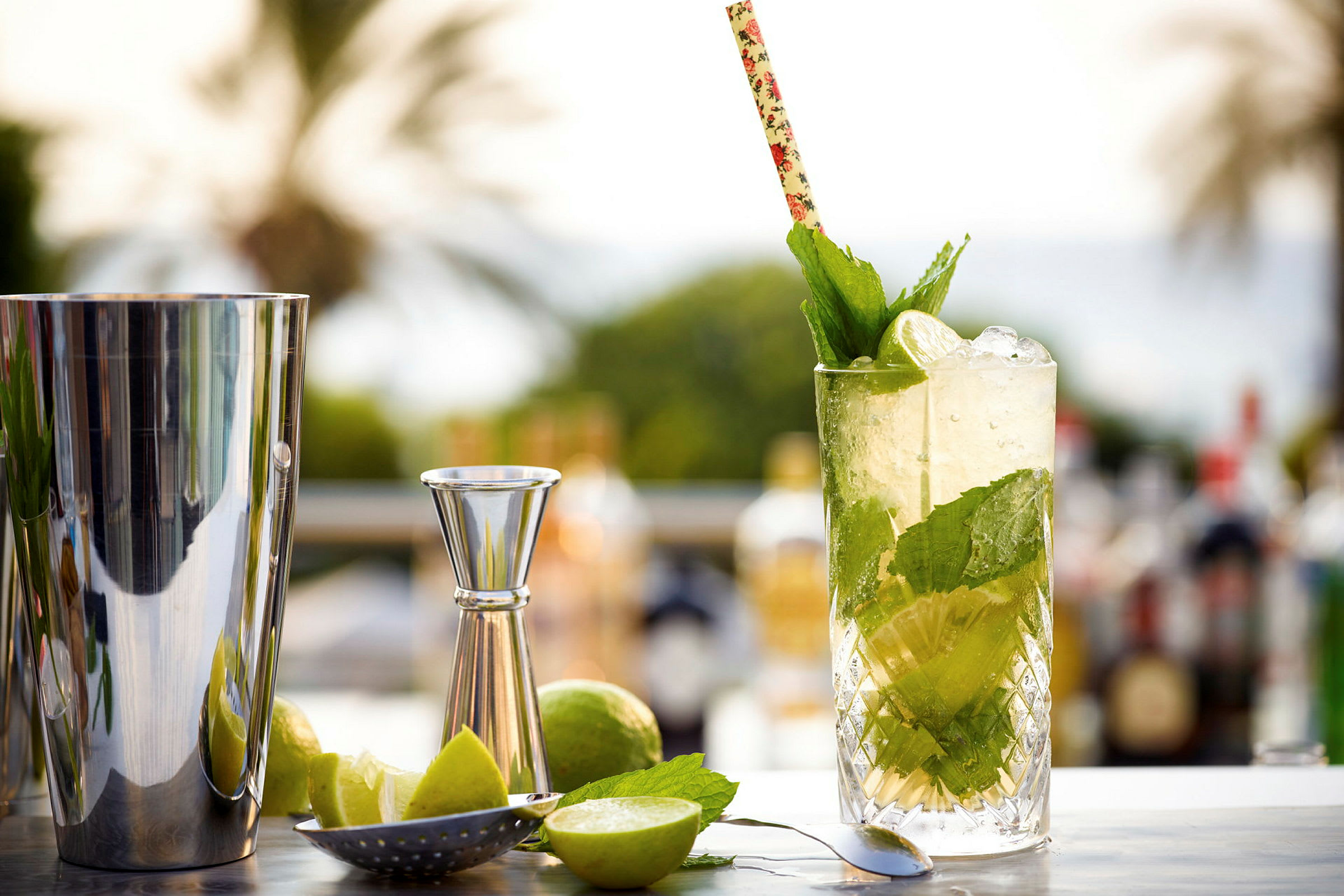 Et glas med en mojito er pyntet med et sugerør og mynte, omgivet af bartenderudstyr. (AI-genereret tekst)