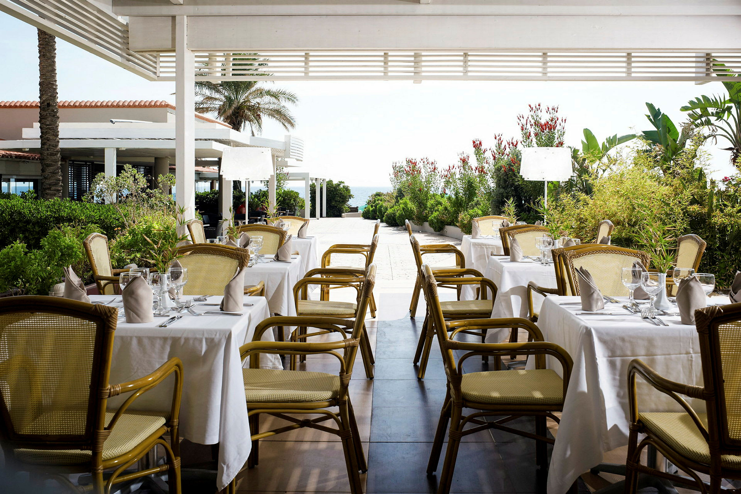 Restaurant med dækkede borde under en pergola. (AI-genereret tekst)