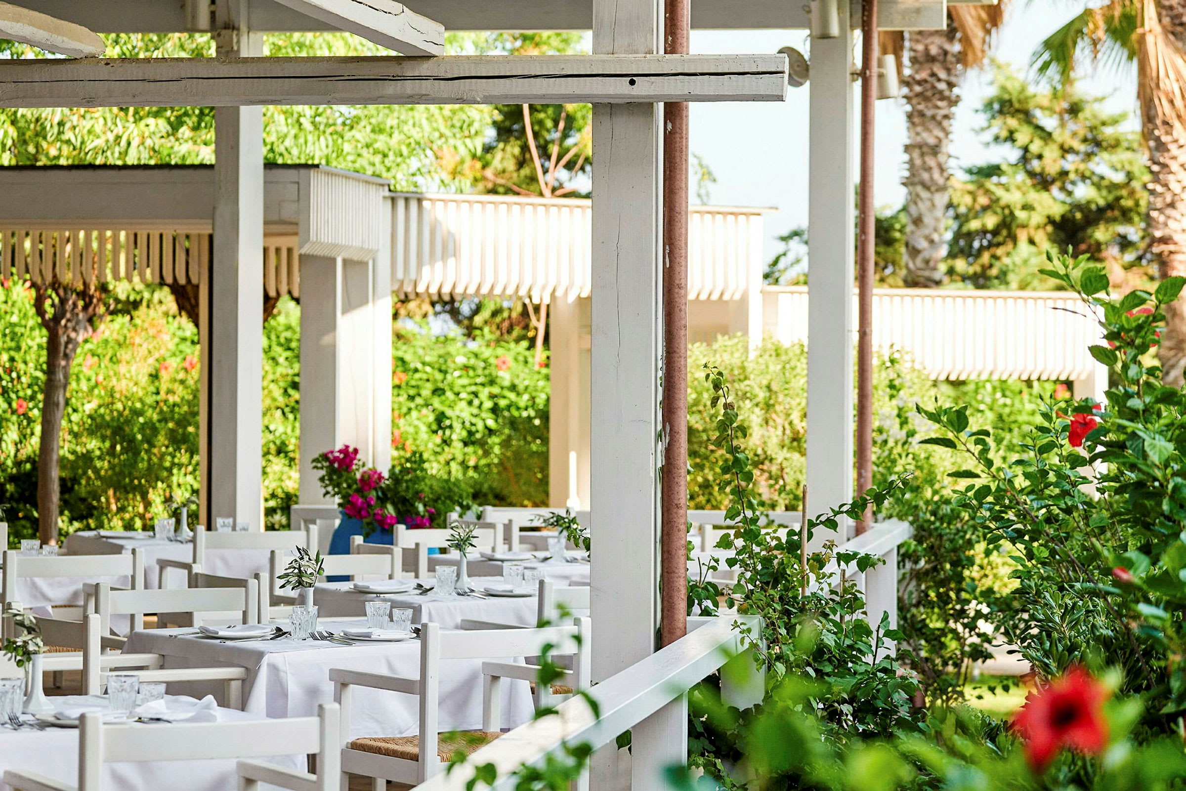 Udendørs restaurant med hvide borde og stole, omgivet af grønne planter og blomster. (AI-genereret tekst)